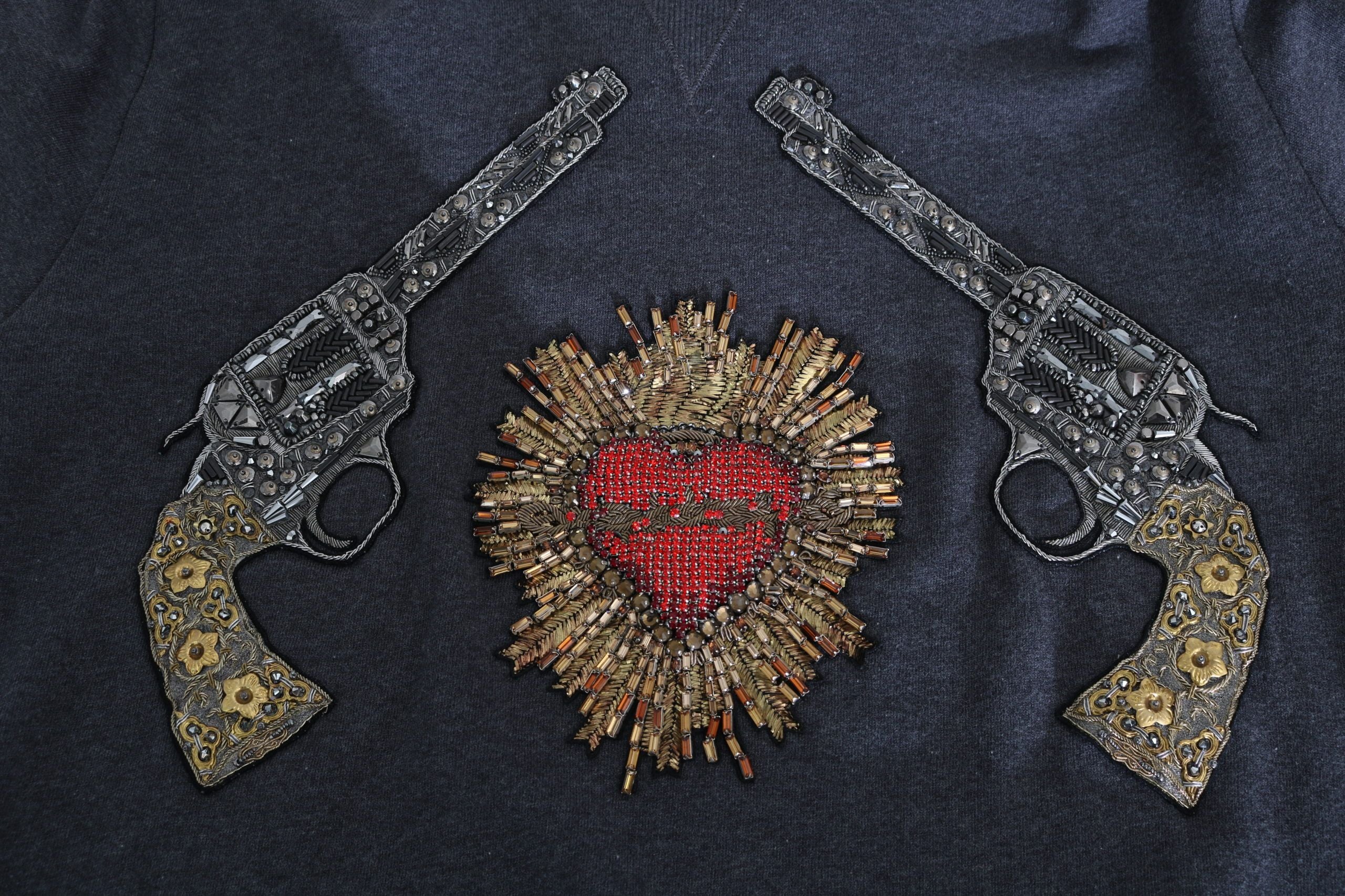 Dolce & Gabbana Gray Hooded Red Crystal Heart Gun Sweater