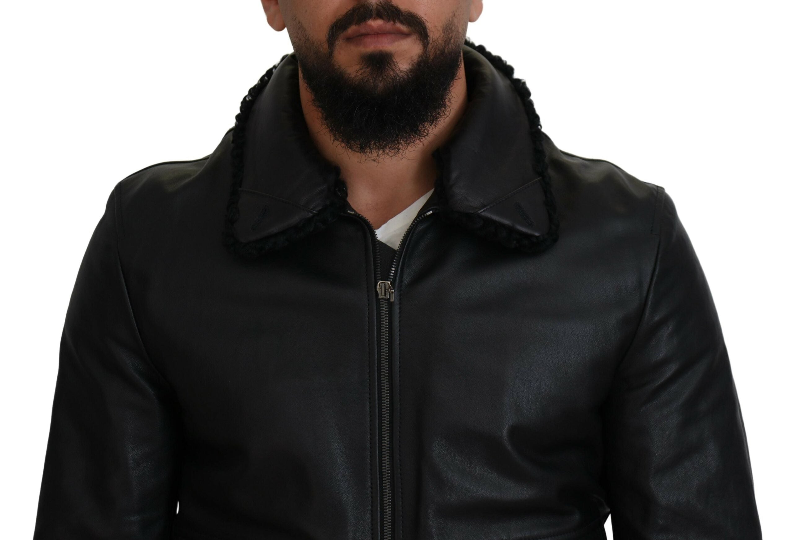 Dolce & Gabbana Black Lamb Leather Collared Men Coat Jacket