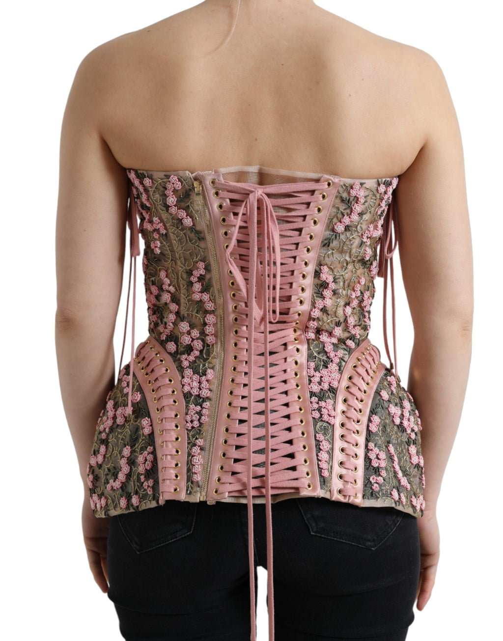 Dolce & Gabbana Pink Floral Applique Bustier Corset Top