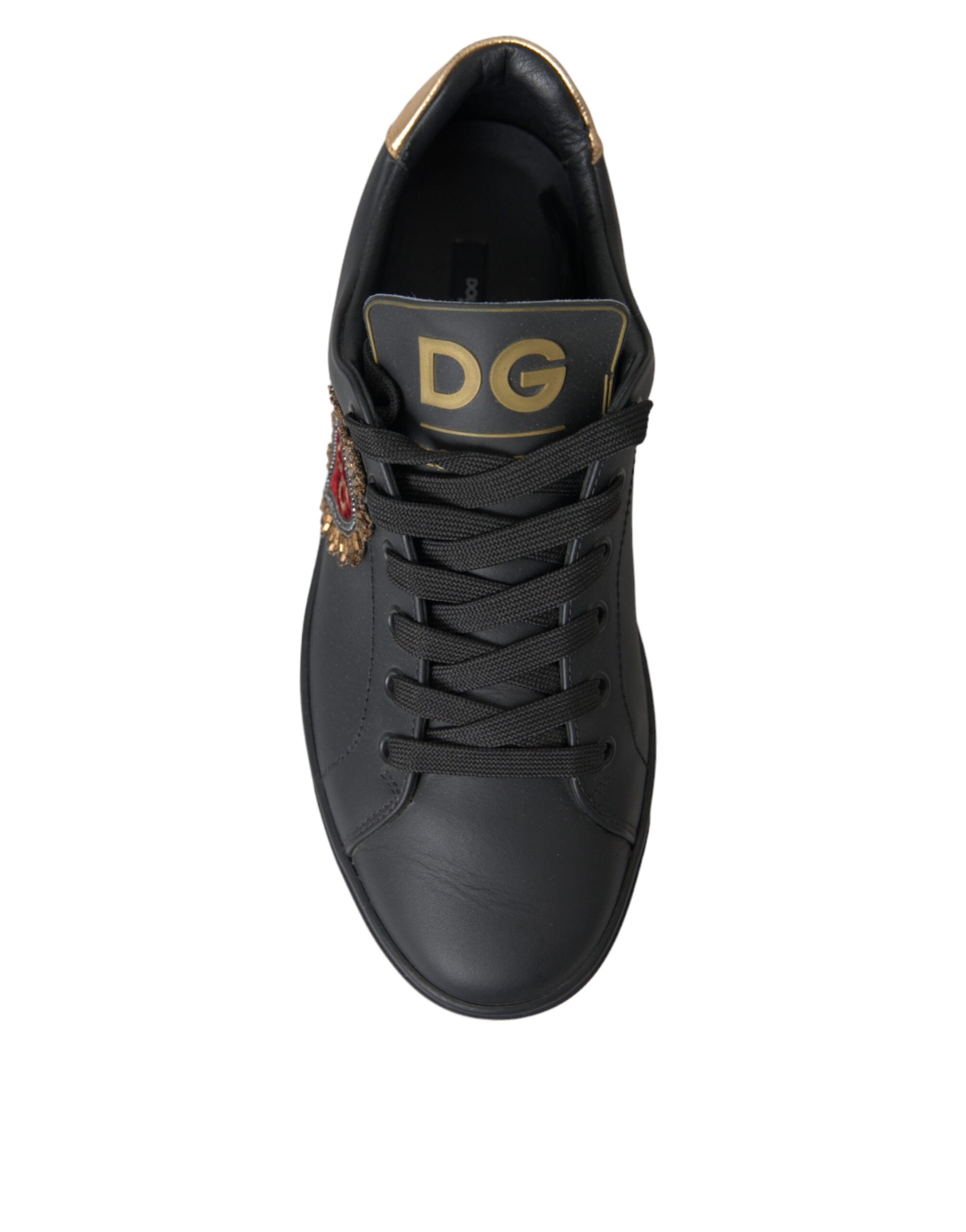 Dolce & Gabbana Black Leather Heart Embellished Sneakers Shoes