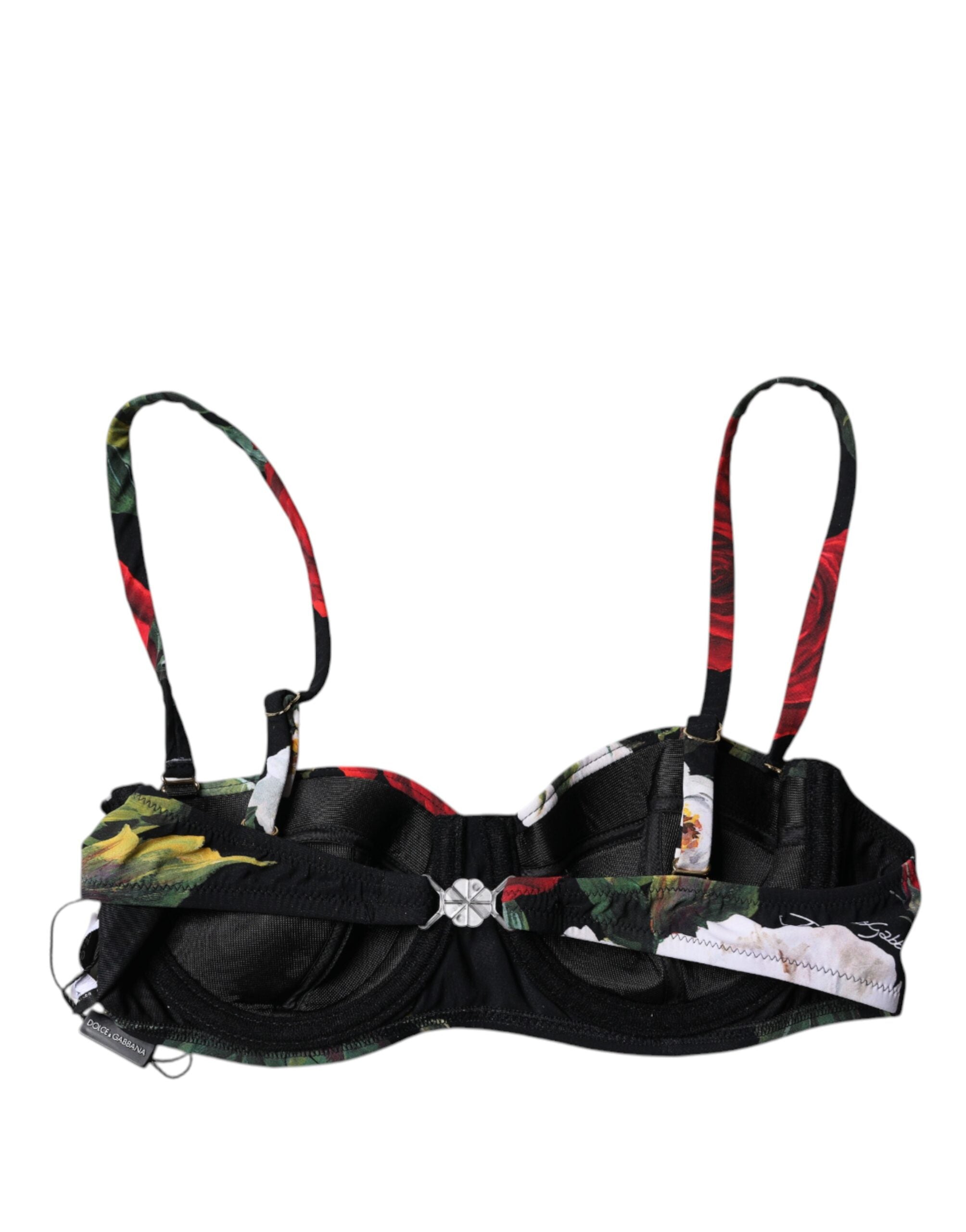 Black Floral Print Nylon Balconcino Bra Underwear