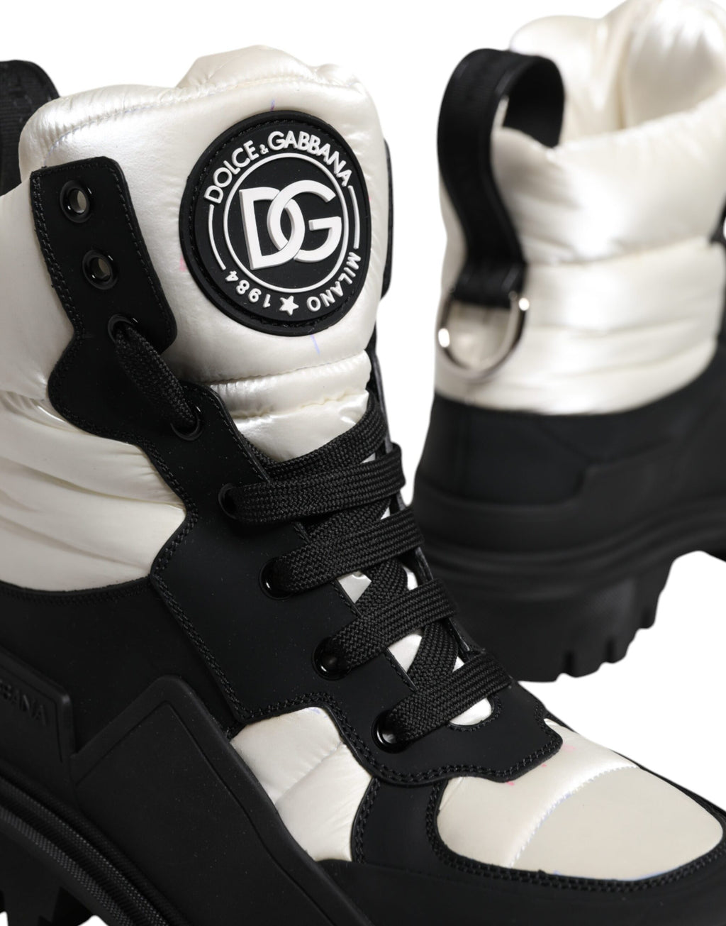 Black White Padded Mid Calf Lace Up Boots Shoes