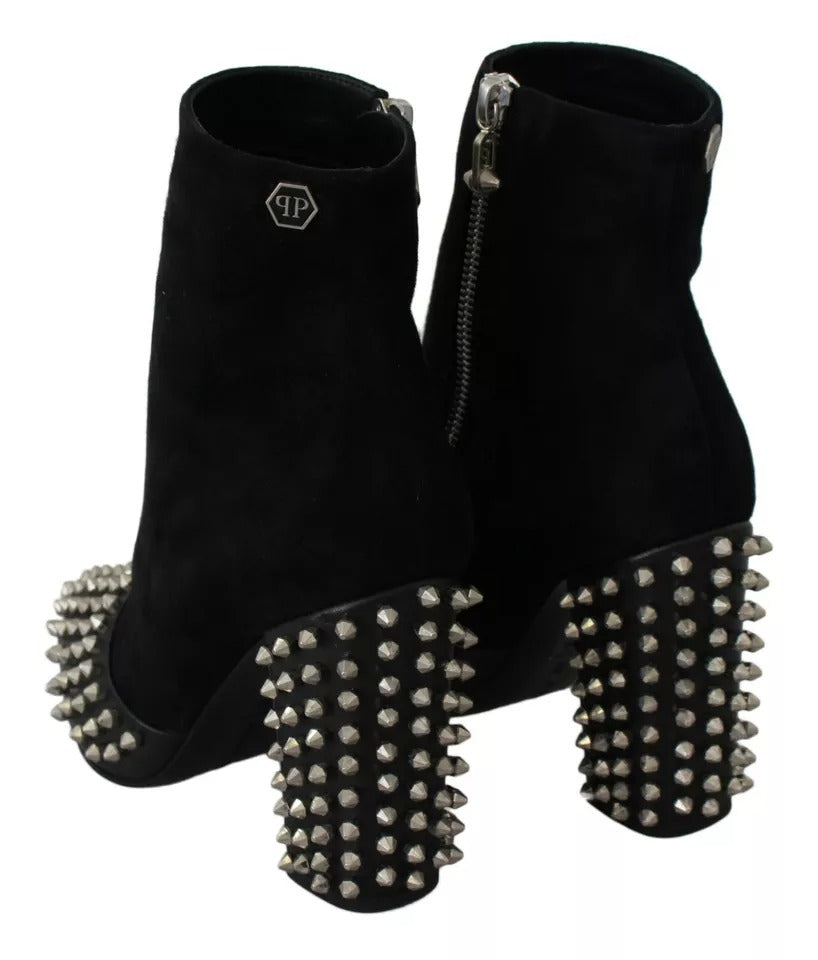 Black Suede Studded Heels Ankle Boots Shoes