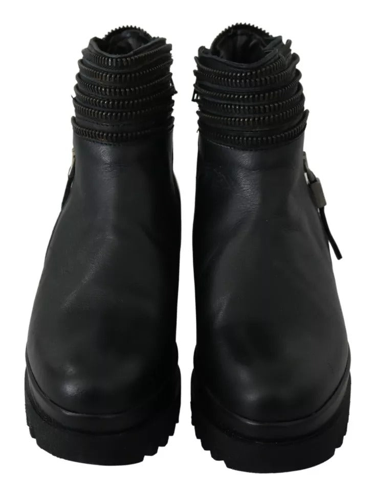 Black Leather Zipper Ankle Boots Shoes