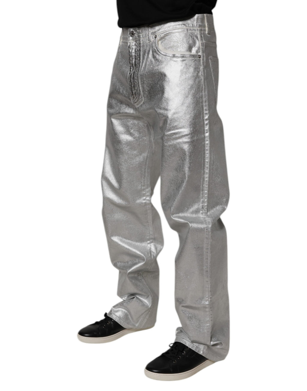 Metallic Silver Cotton Straight Denim Jeans