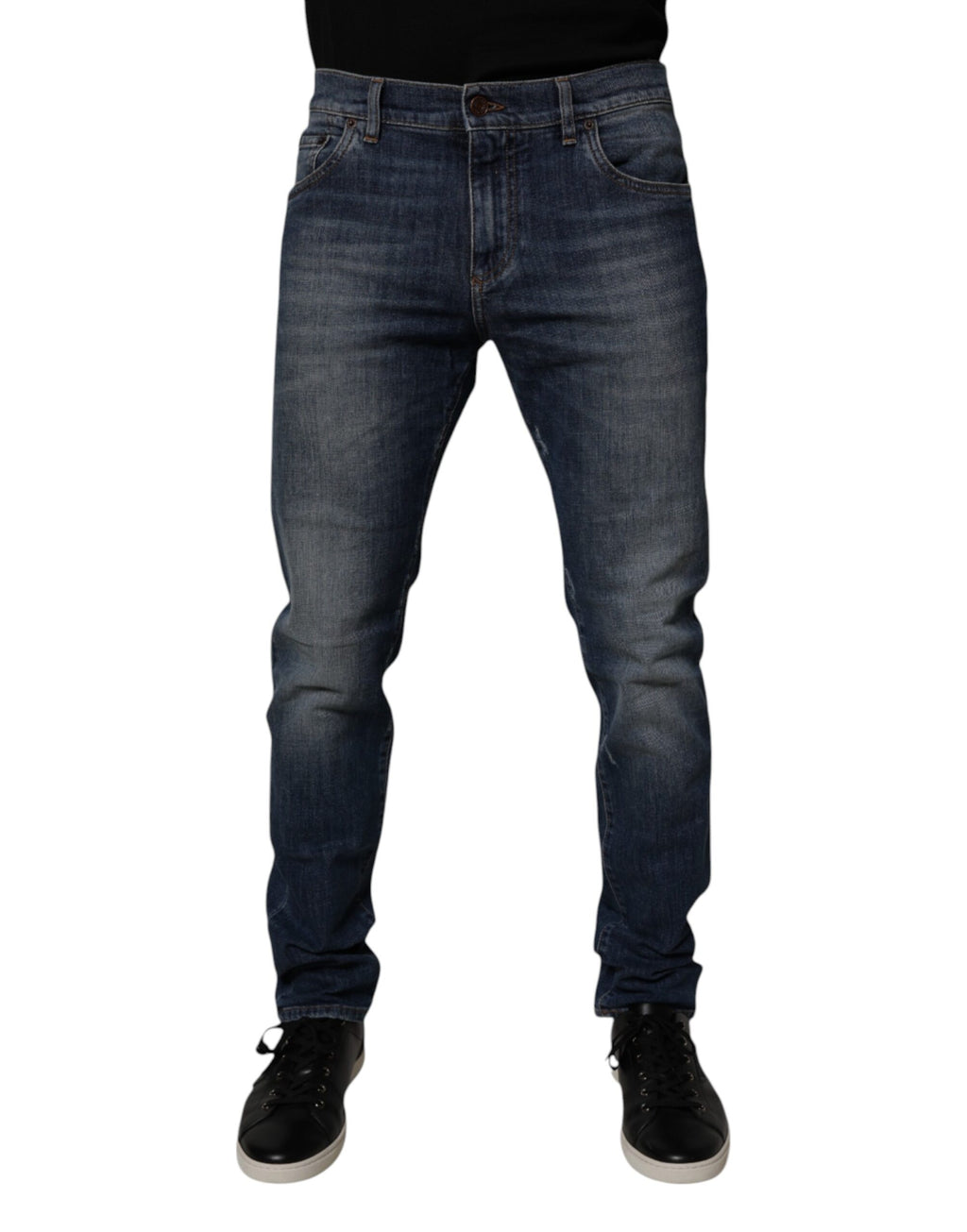 Dark Blue Cotton Leather Skinny Denim Jeans