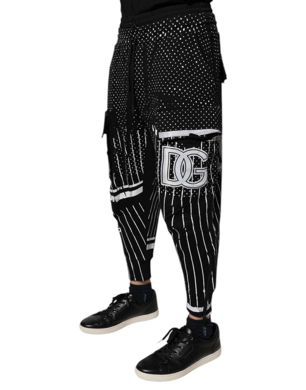 Black Polka Dot Stripes Cargo Jogger Sweatpants Pants