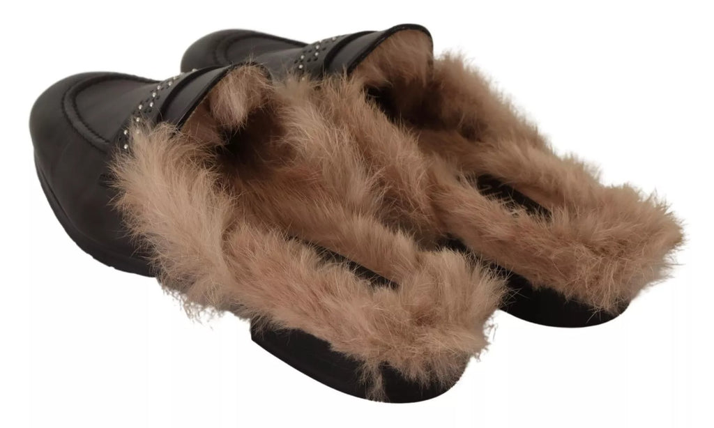 Black Leather Fur Perforated Slip On Flats Shoes