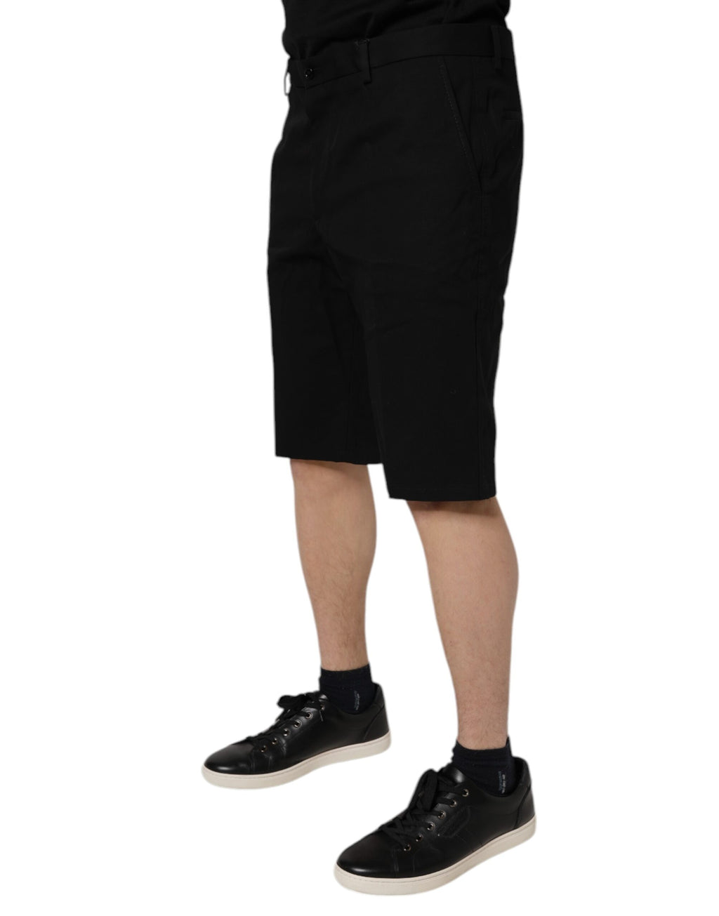 Black Cotton Stretch Mid Waist Bermuda Shorts