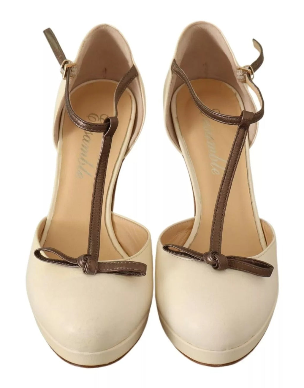 Beige T-Strap Block Heels Pumps Leather Shoes