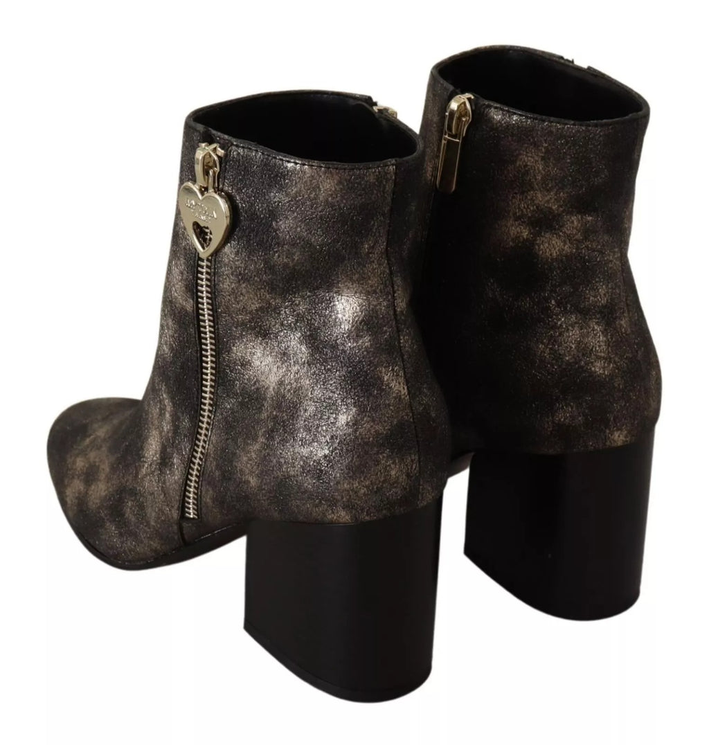 Black Leather Block Heels Ankle Boots Zipper Shoes