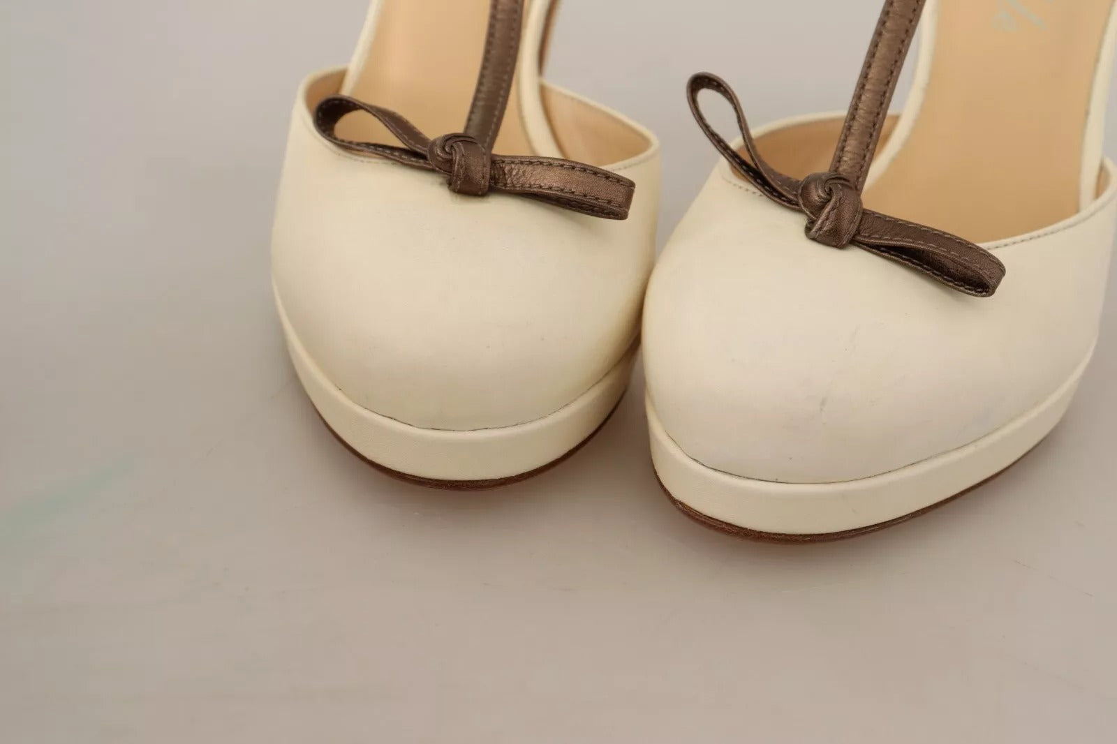 Off White Leather T-Strap Heels Sandals Shoes