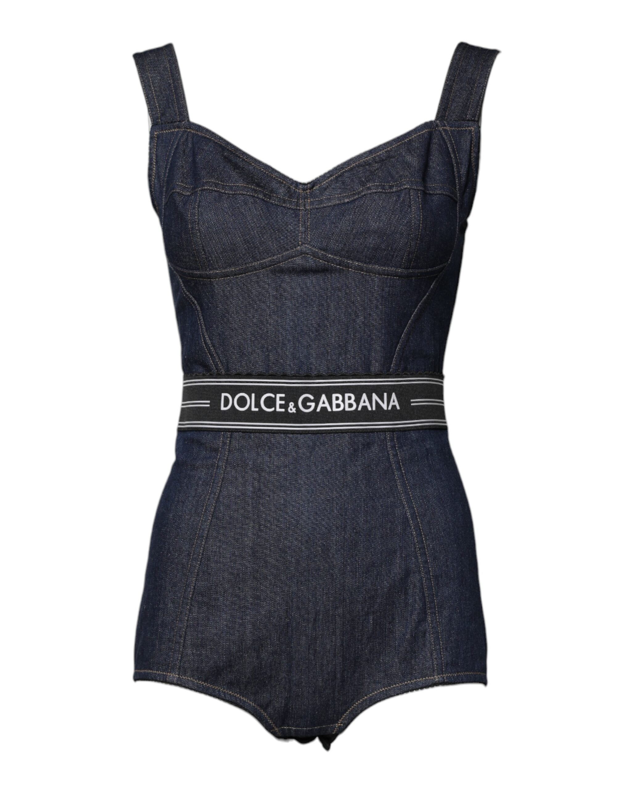 Blue Cotton Stretch Sleeveless Bodycon Denim Bodysuit