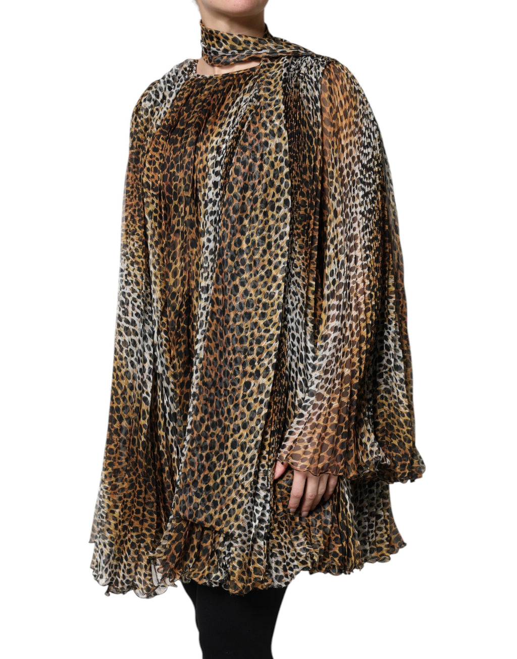 Brown Leopard Print Scarf Collared Chiffon Dress