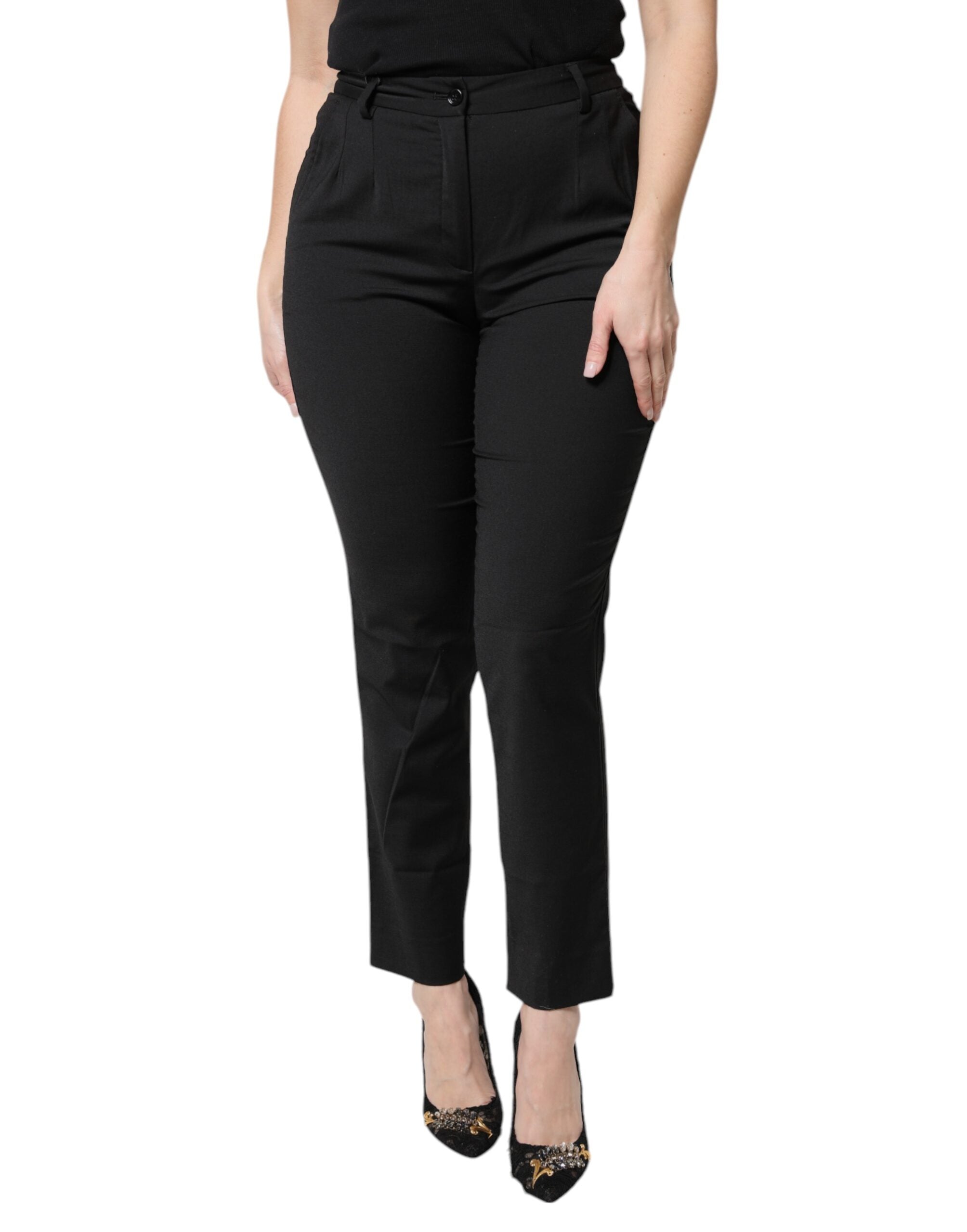 Black Polyester High Waist Slim Pants