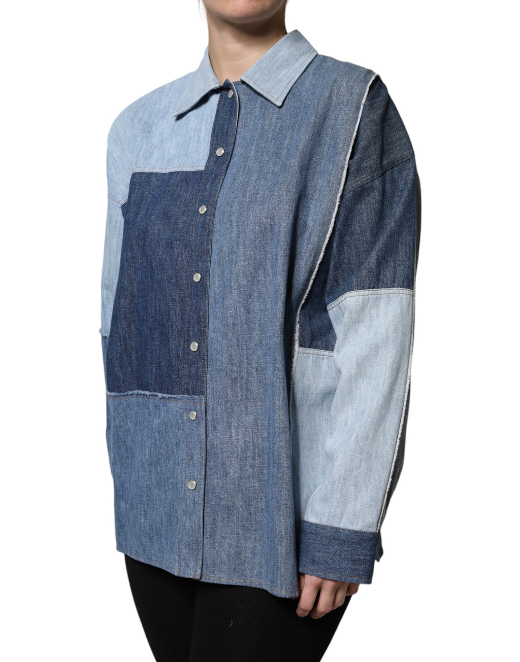 Blue Cotton Button Up Collared Long Sleeve Top