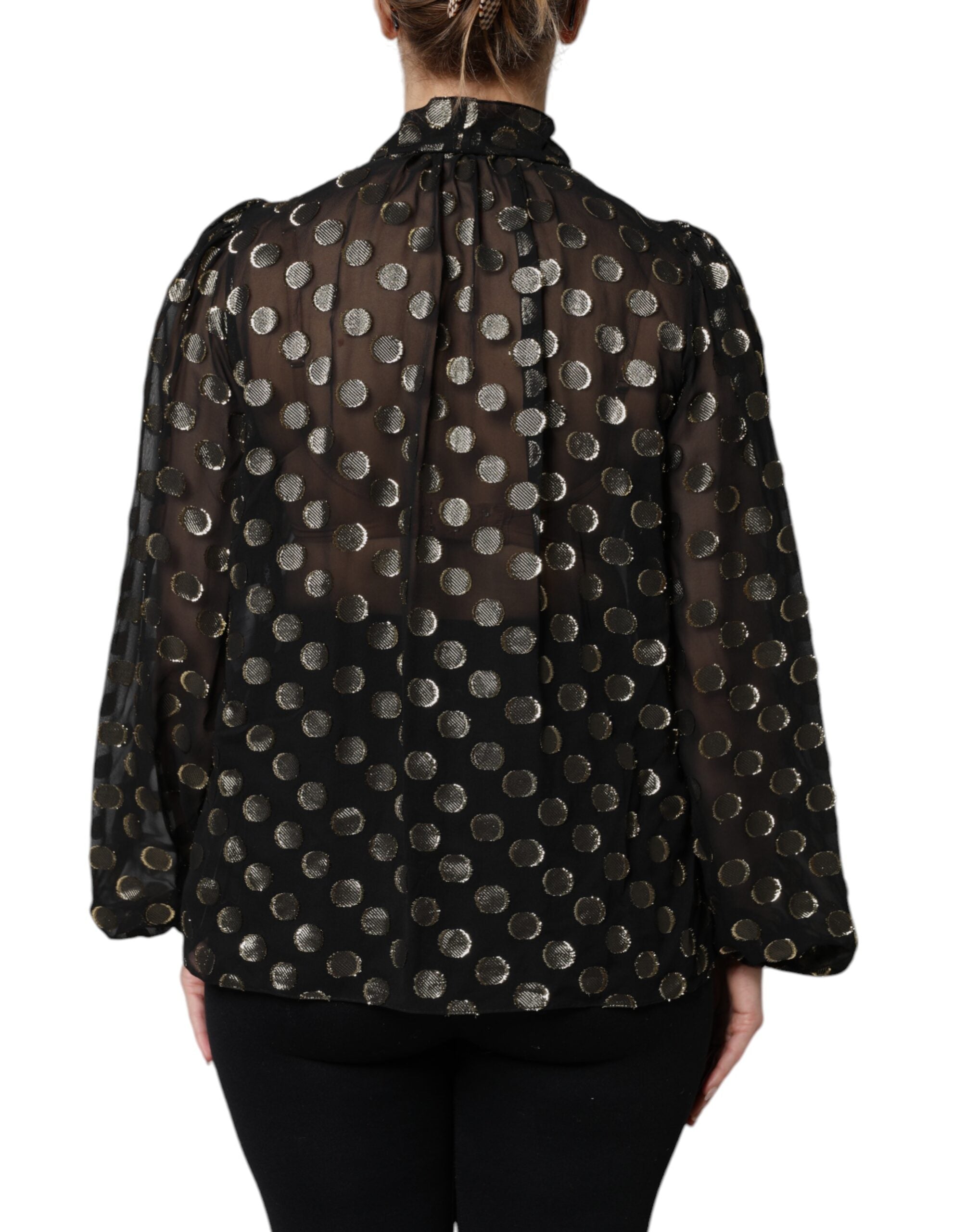 Black Sheer Tied Neck Polka Dots Blouse Top