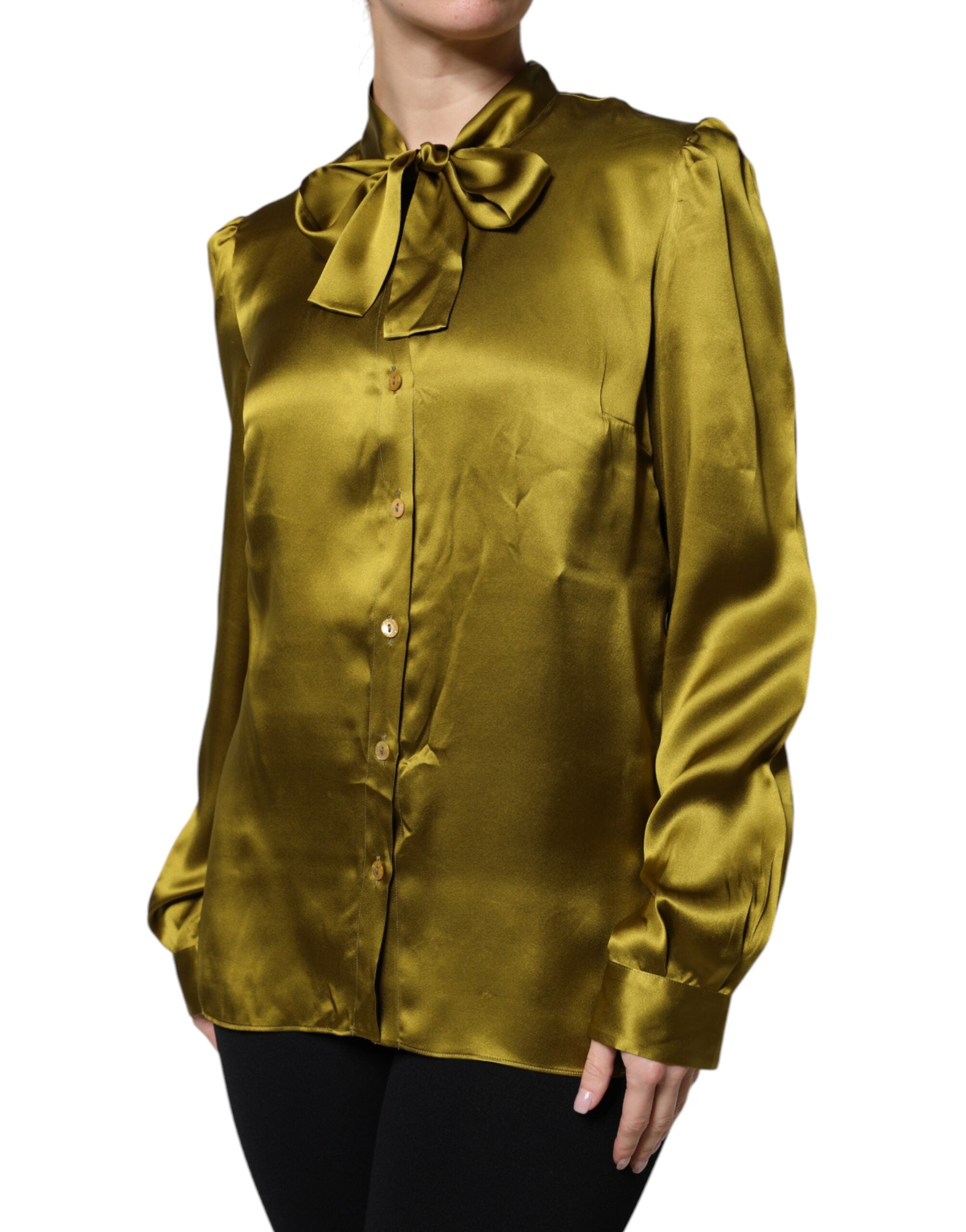 Olive Green Ascot Collar Long Sleeve Blouse Top