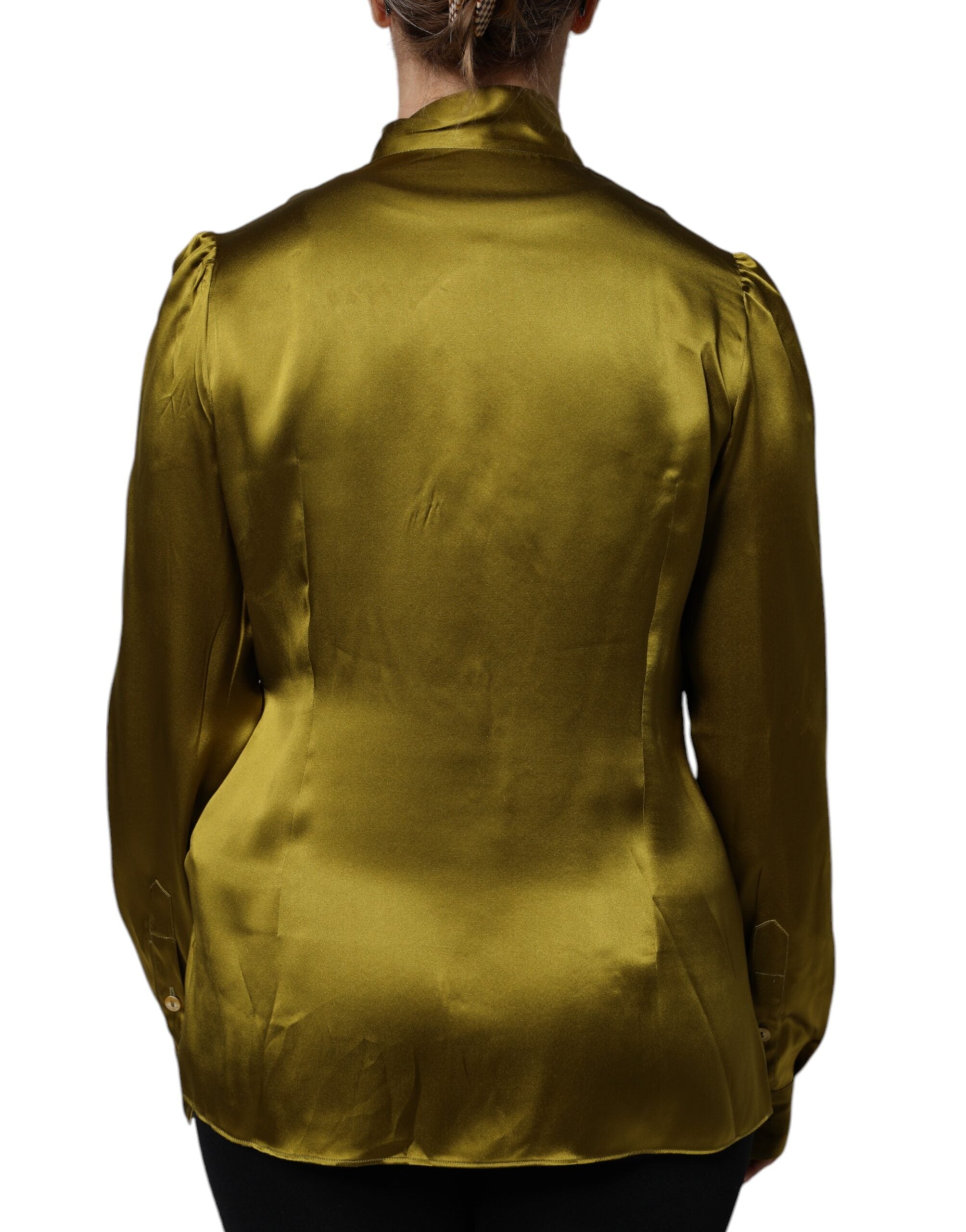 Olive Green Ascot Collar Long Sleeve Blouse Top