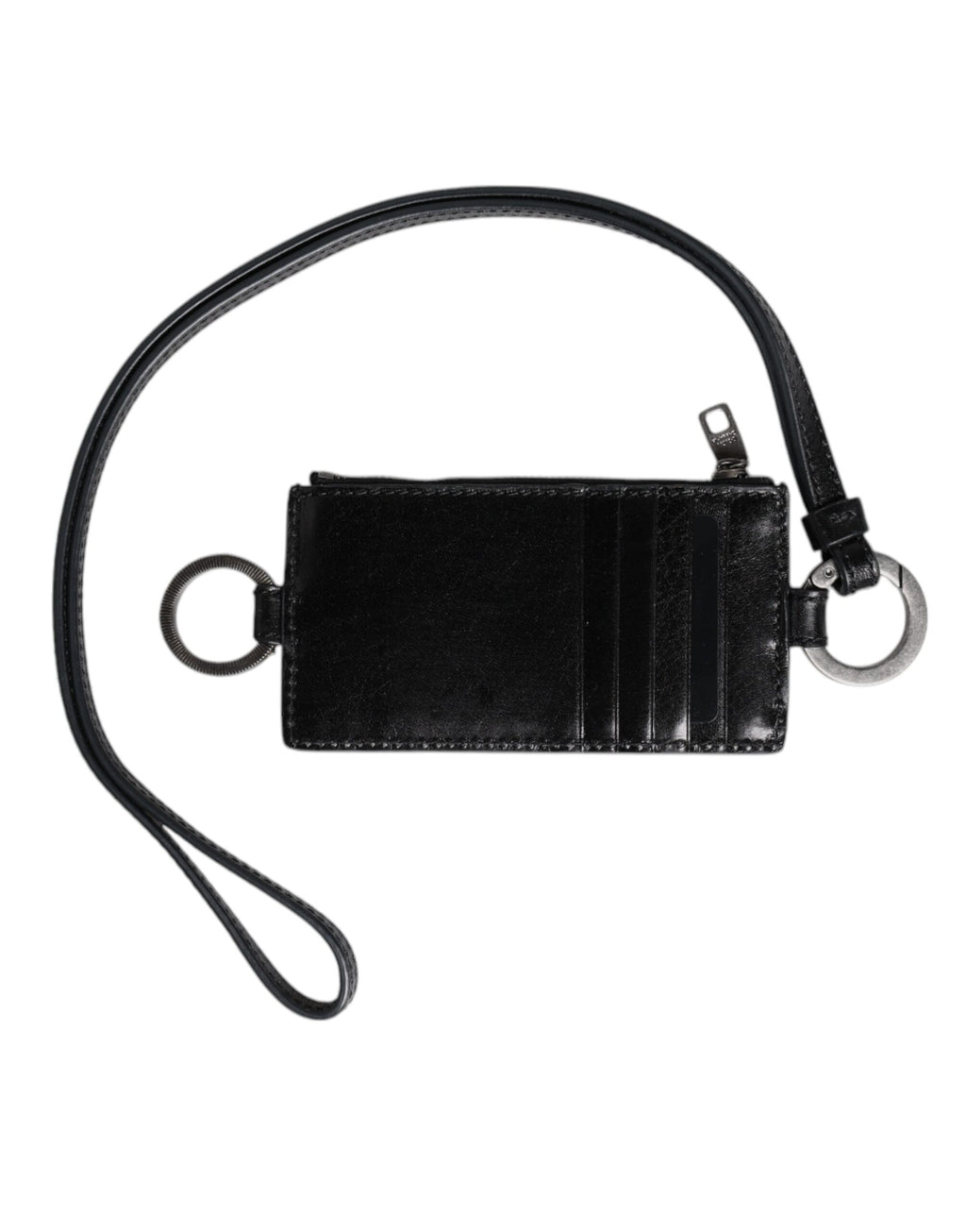 Black Leather Logo Embossed Lanyard Card Holder Wallet
