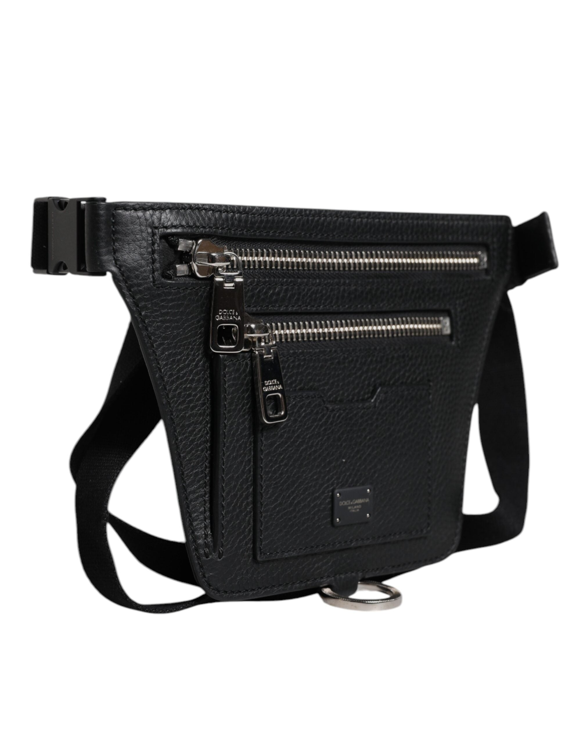 Black Calfskin Logo Plaque Belt Waist Men Fanny Pack Bag