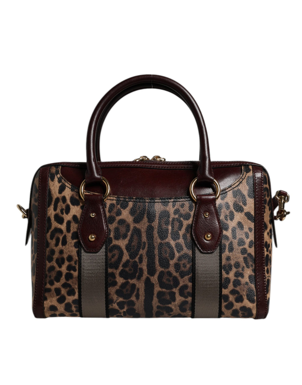 Brown Leopard Leather Shoulder Strap Duffle Bag