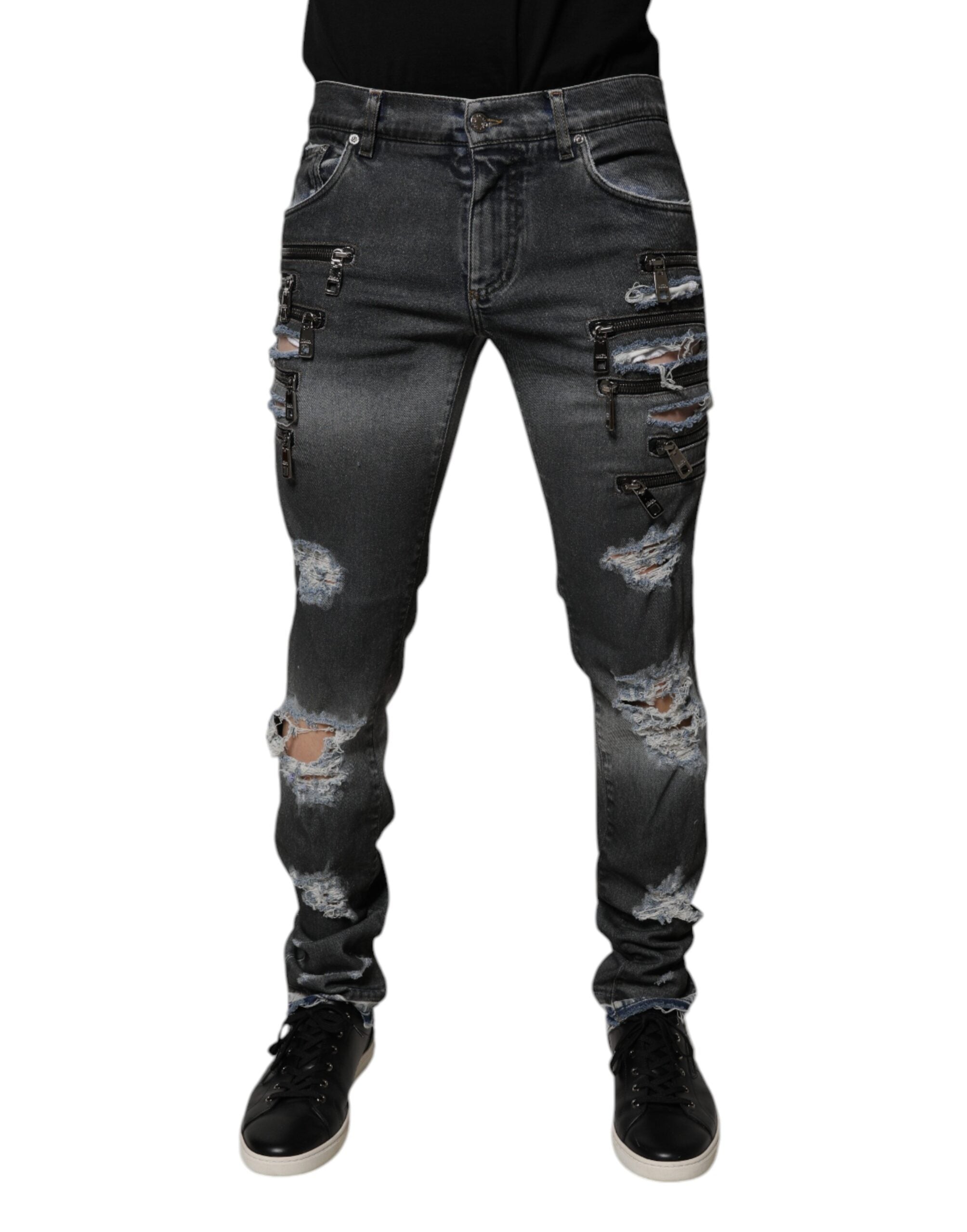 Dark Gray Tattered Cotton Skinny Denim Jeans