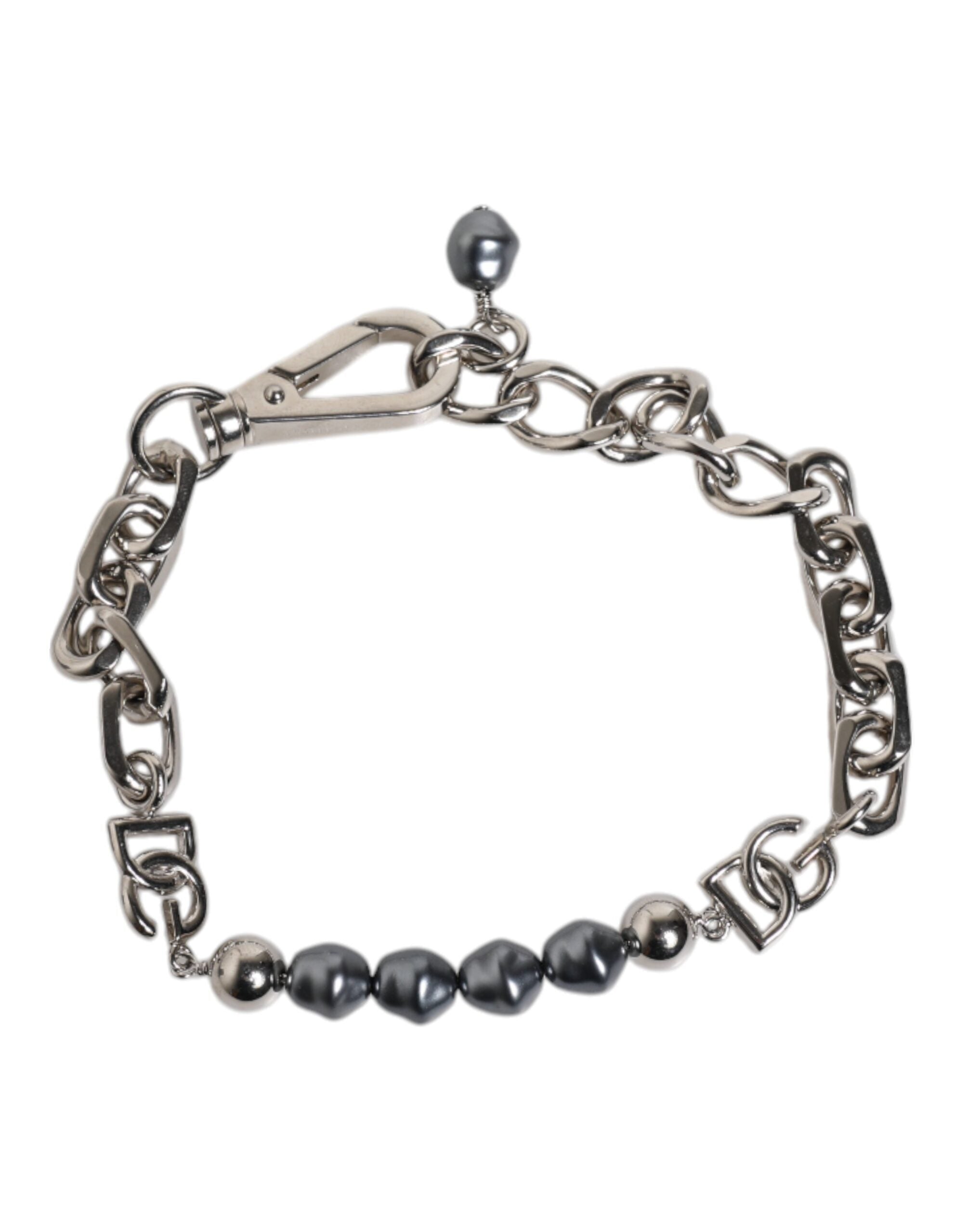 Silver Tone Chain Lobster Clasp Logo Gray Pearls Bracelet