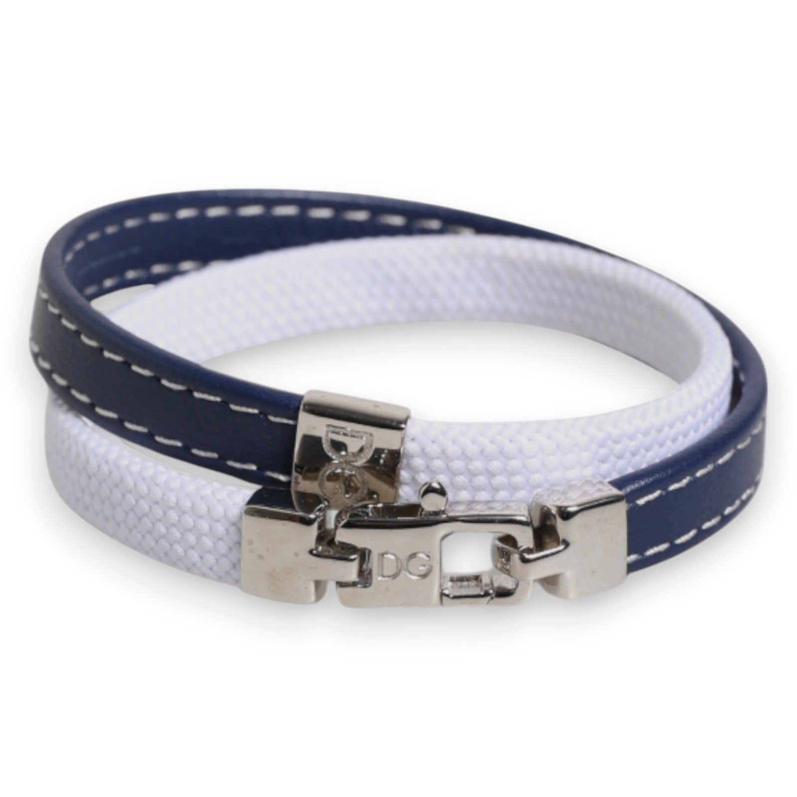 Blue White Leather Trimmed DG Engraved Silver Tone Clasp Bracelet