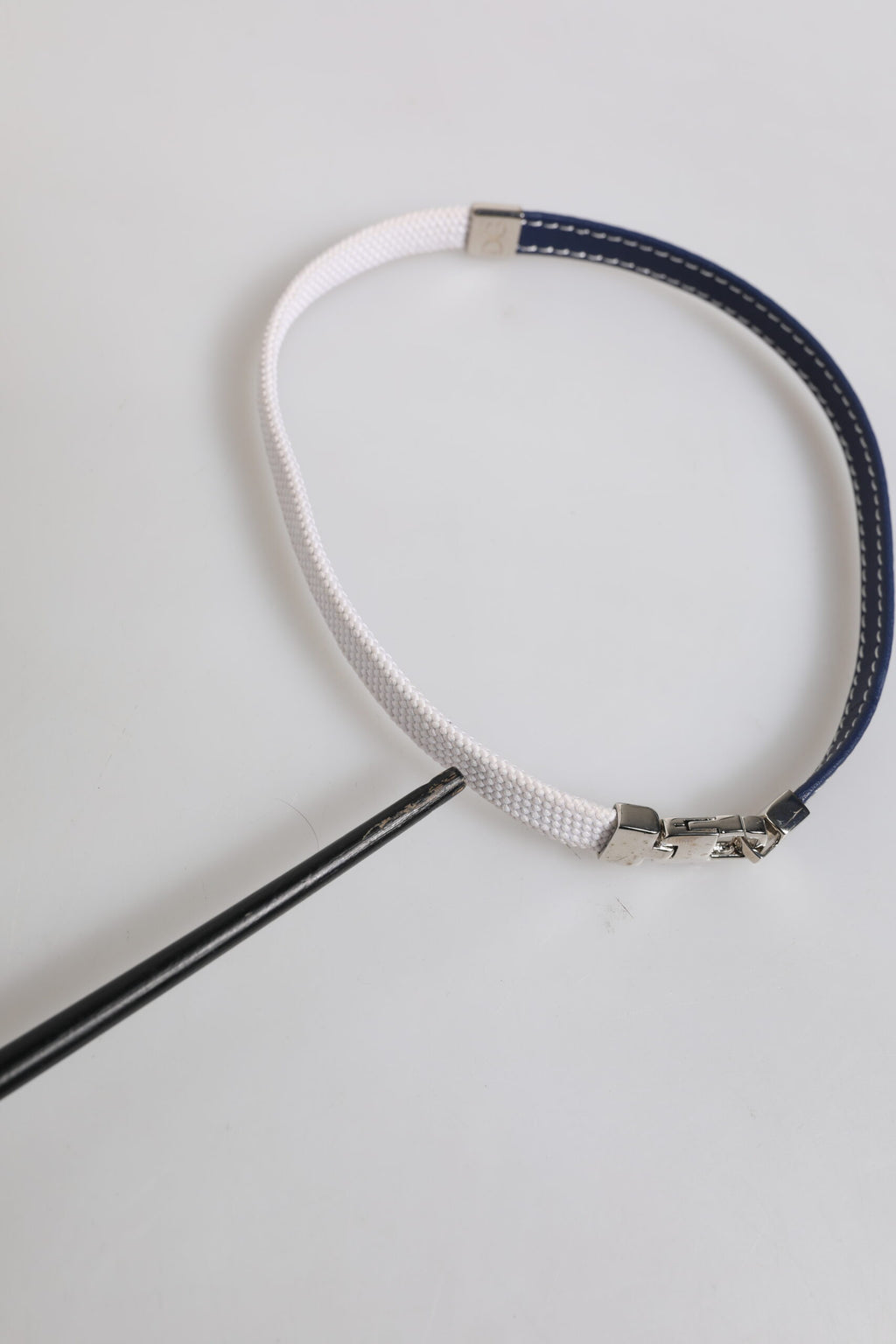 Blue White Leather Trimmed DG Engraved Silver Tone Clasp Bracelet