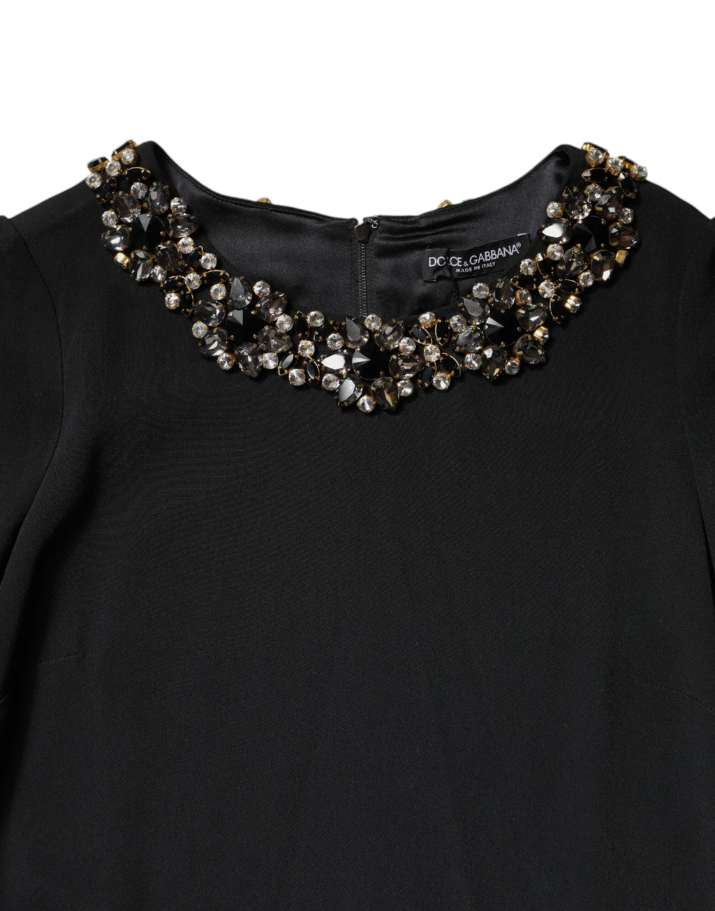 Black Crystal Embellished Round Neck Mini Dress