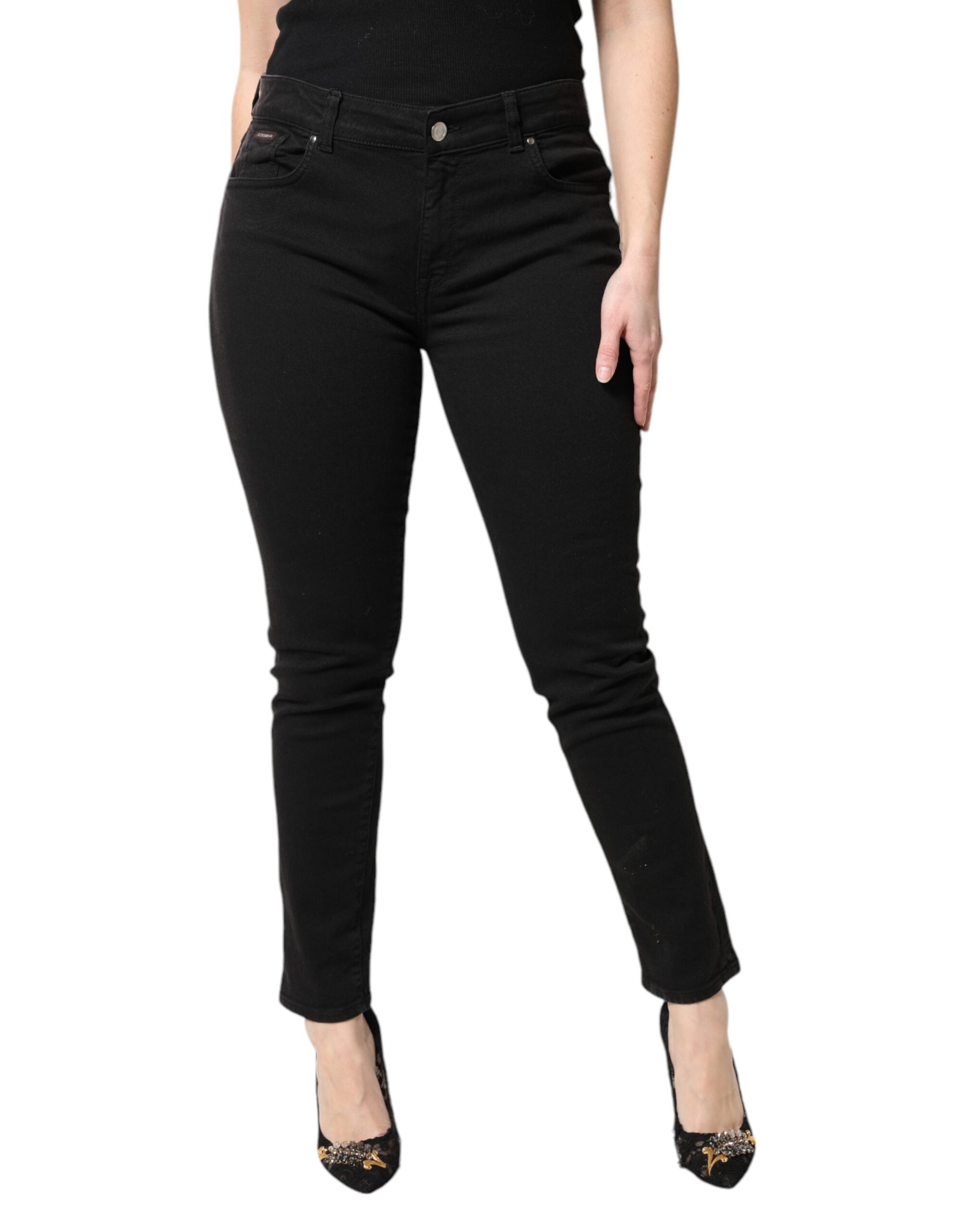 Black Cotton Mid Waisted Skinny Denim Jeans