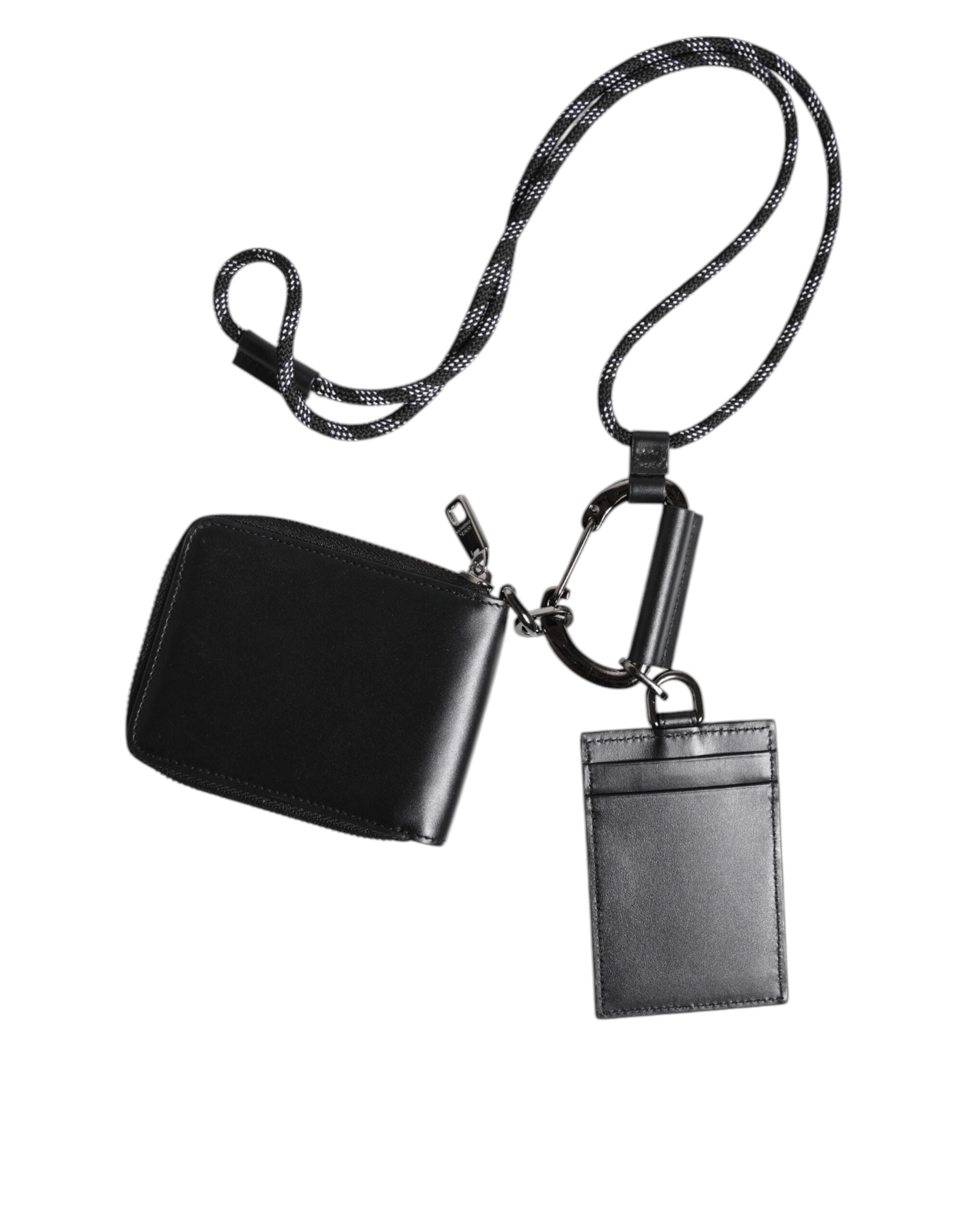 Black Leather Lanyard Zip Around Card Holder Wallet