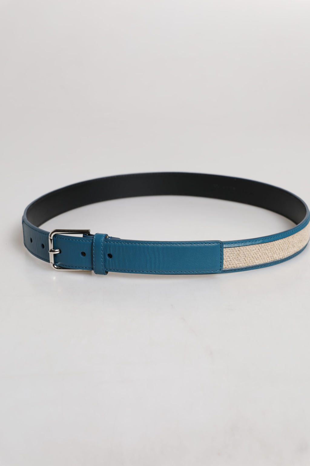 Blue Beige Leather Weaved Metal Buckle Belt