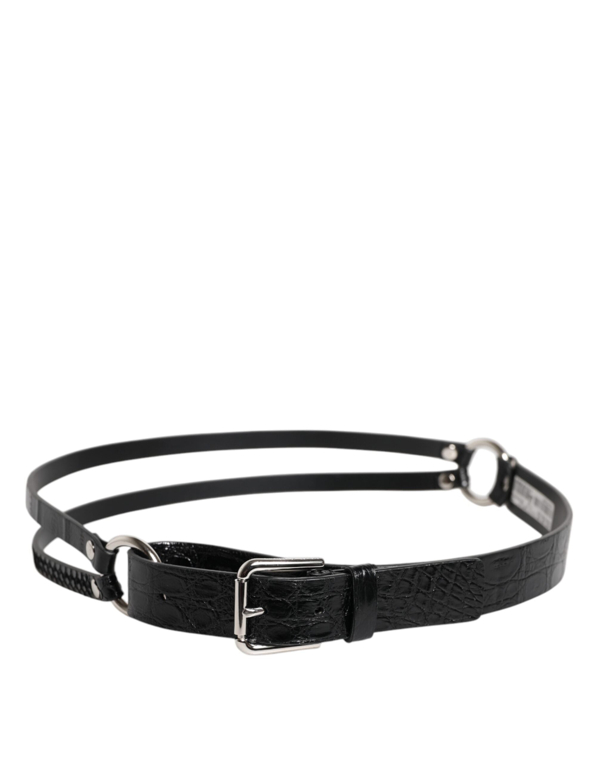 Black Exotic Leather Metal Logo Buckle Belt