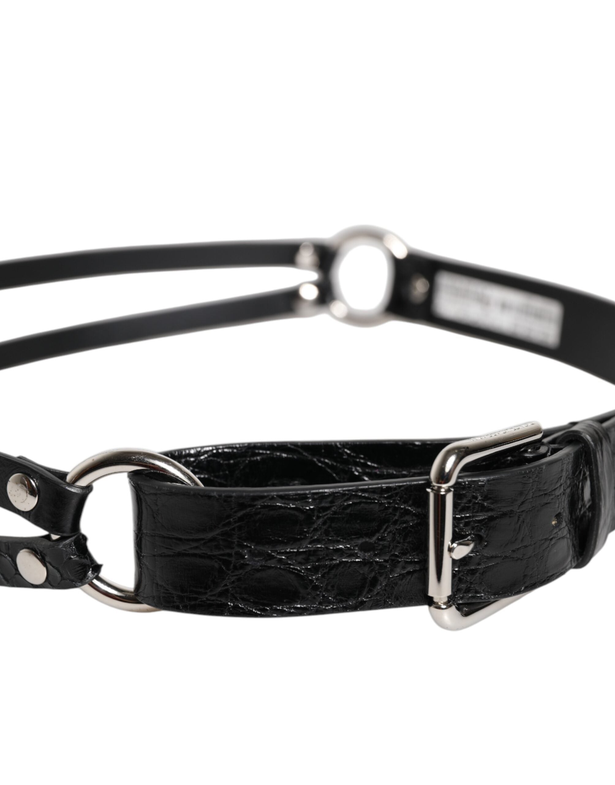 Black Exotic Leather Metal Logo Buckle Belt