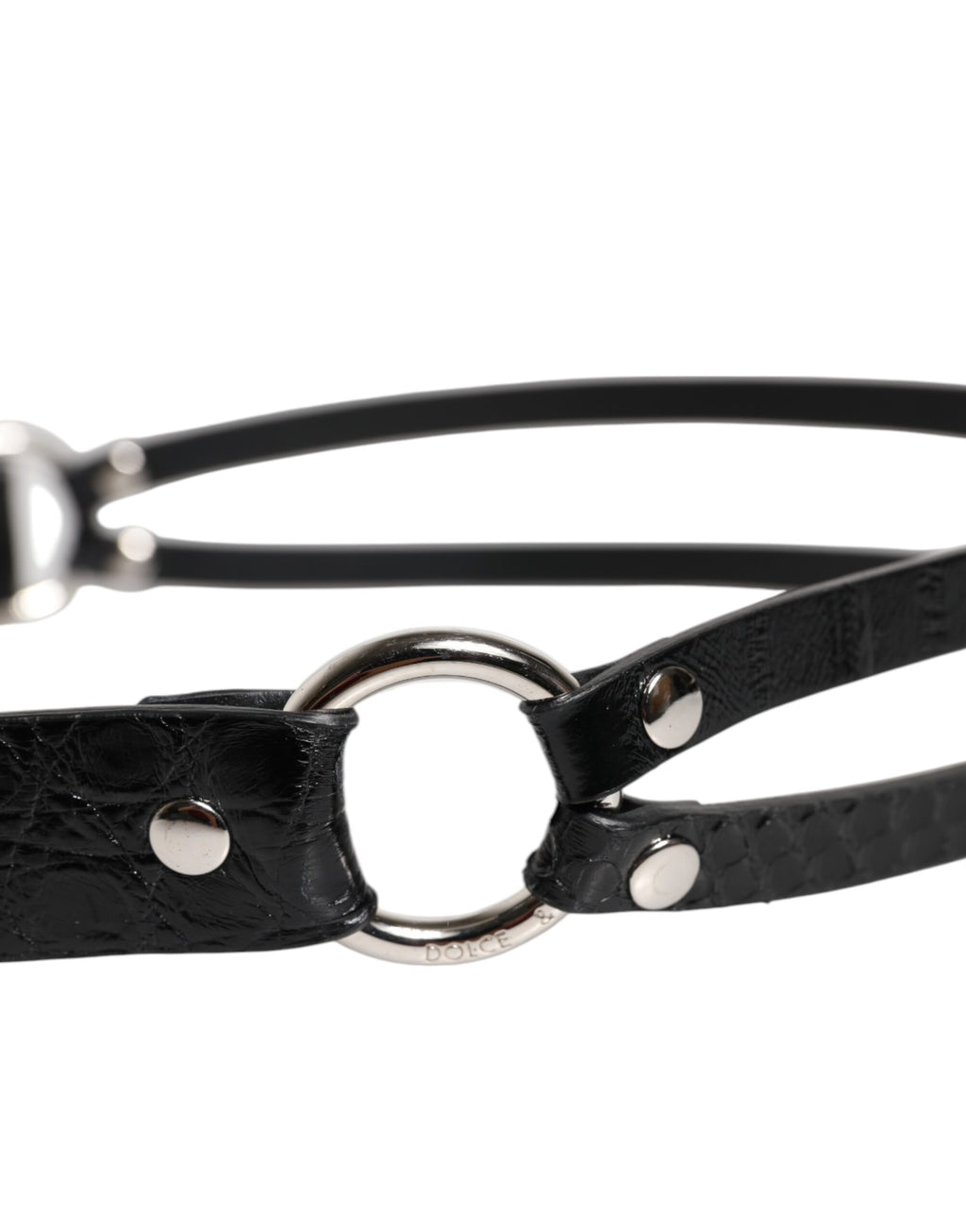 Black Exotic Leather Metal Logo Buckle Belt