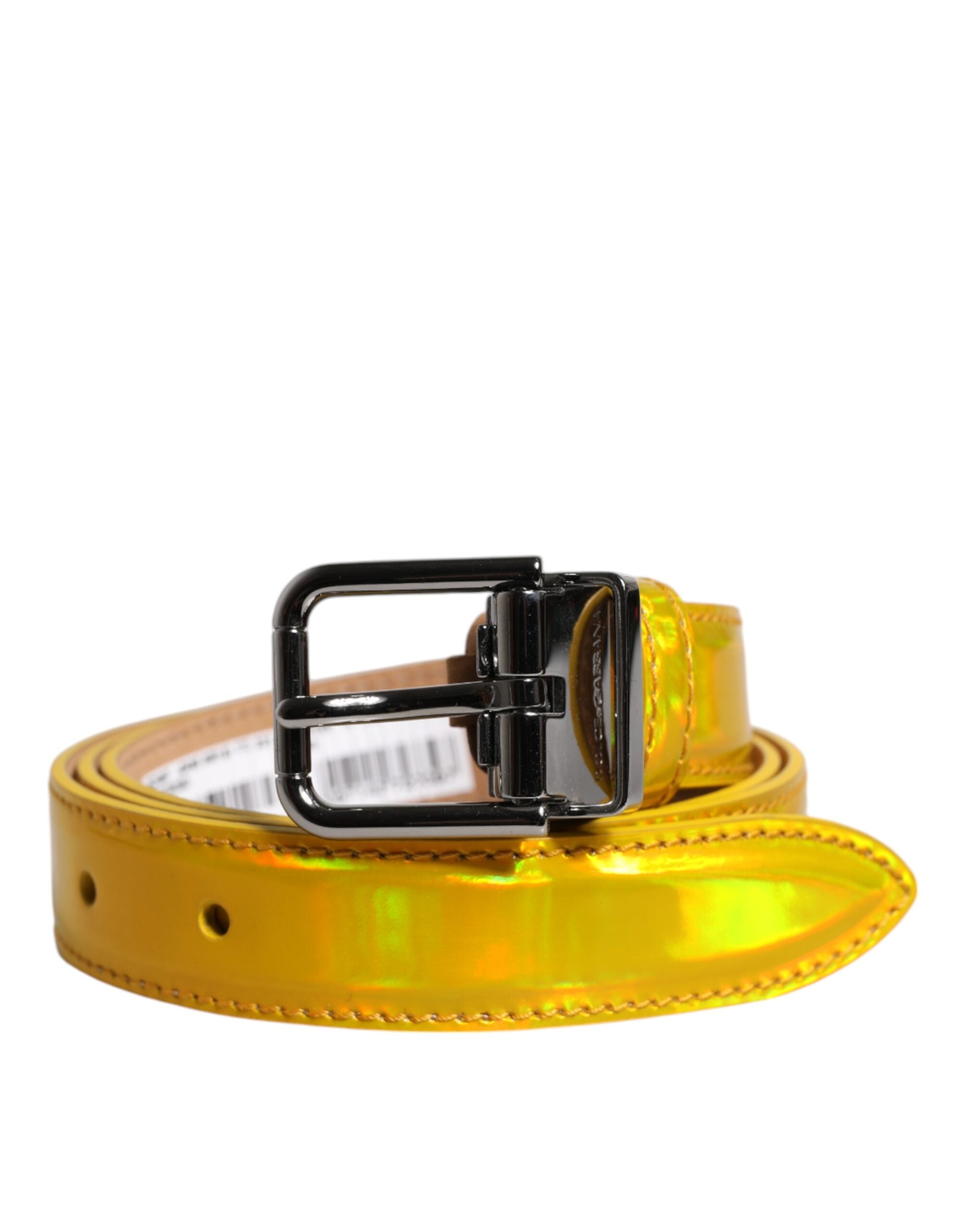 Metallic Yellow Leather Metal Logo Buckle Belt