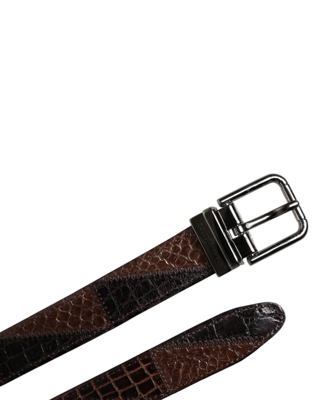 Brown Exotic Leather Metal Logo Buckle Belt