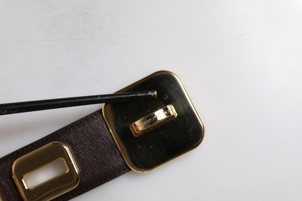 Dark Brown Leather Gold Rotating Buckle Belt