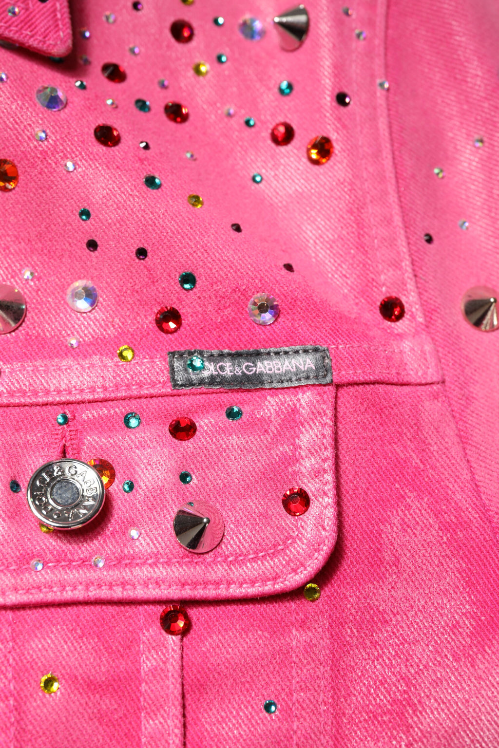 Pink Crystal Embellished Cotton Denim Jacket