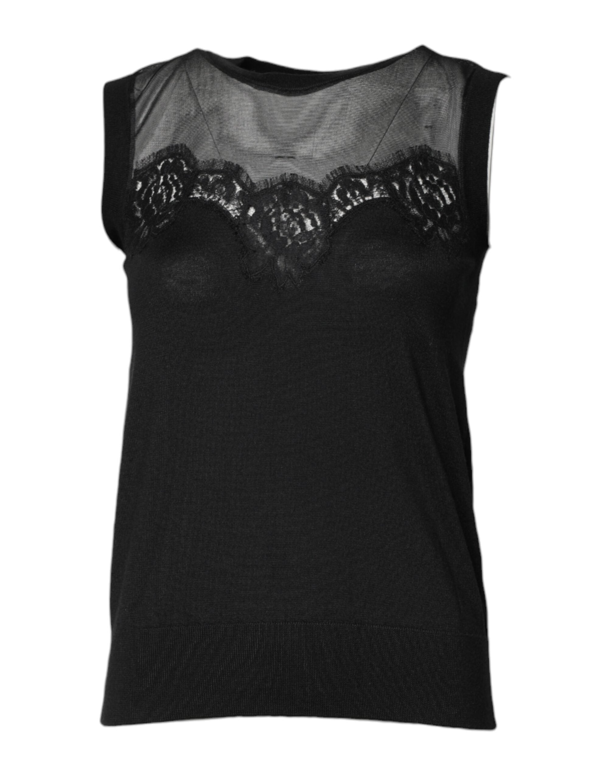 Black Lace Sheer Crew Neck Sleeveless Top