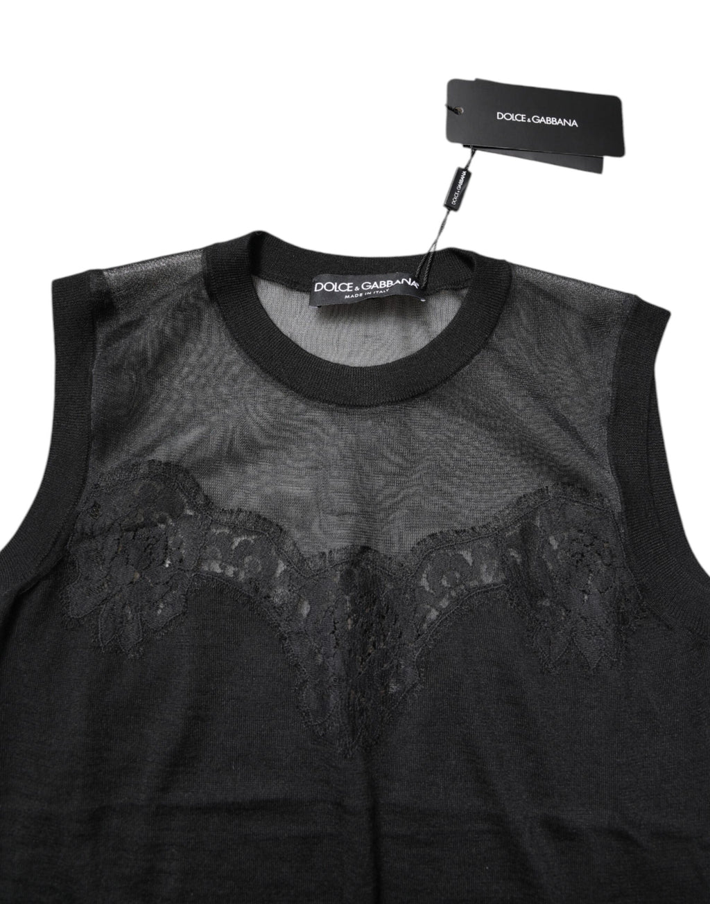 Black Lace Sheer Crew Neck Sleeveless Top