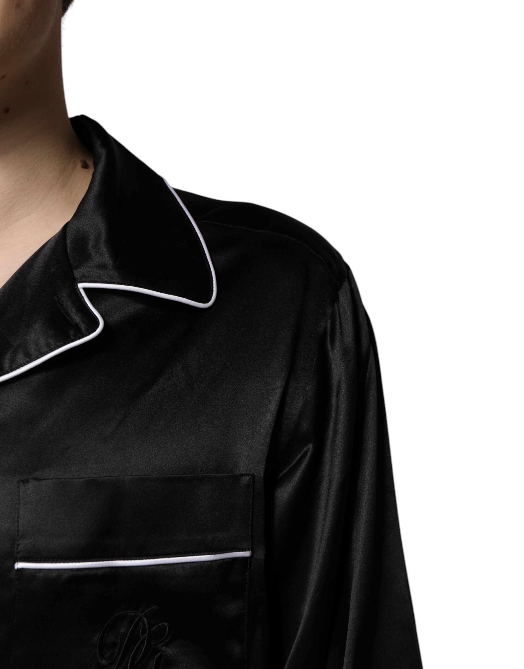 Black Silk Shirt Pants Pajama Set Sleepwear