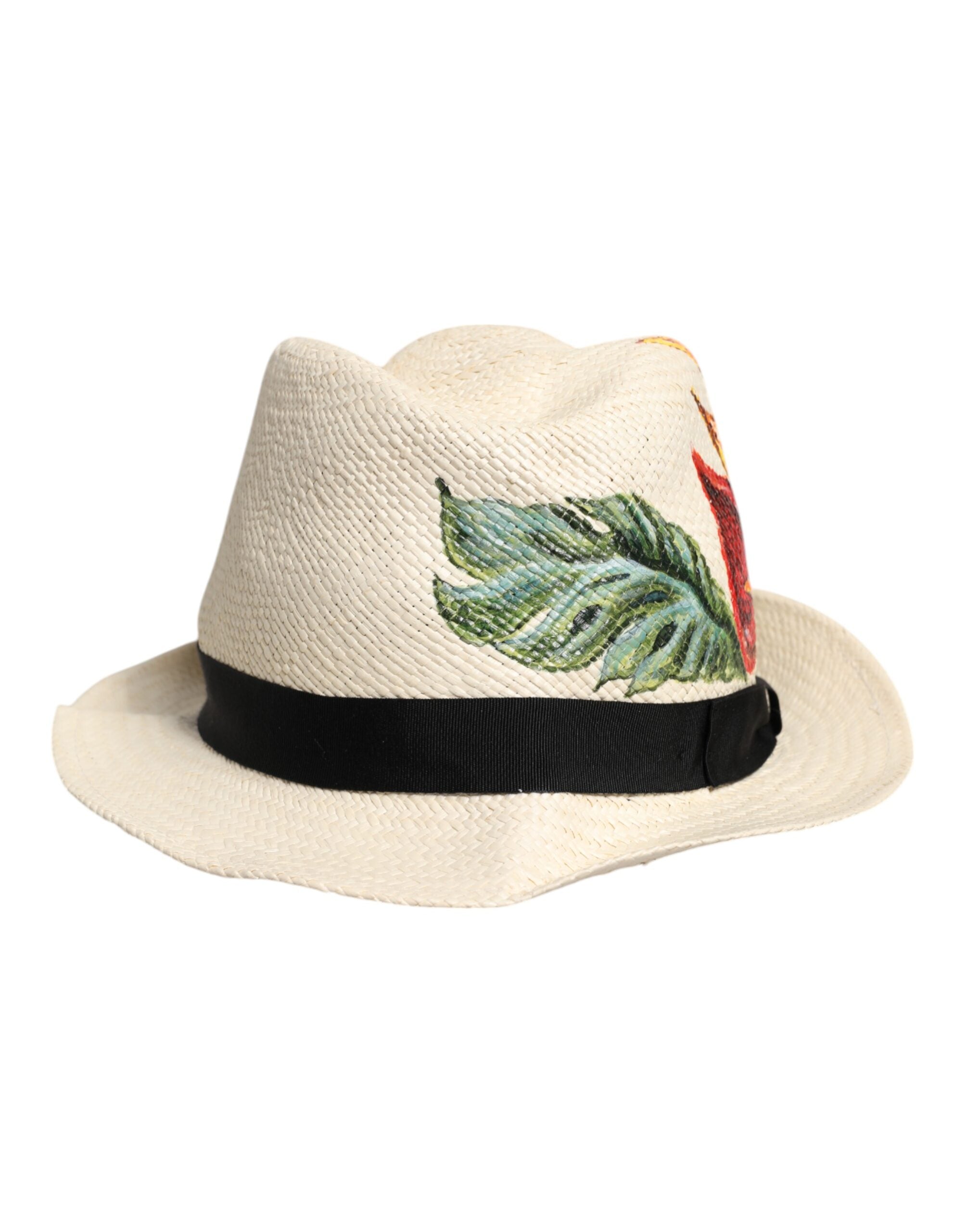 Beige Floral Print Straw Wide Brim Fedora Hat