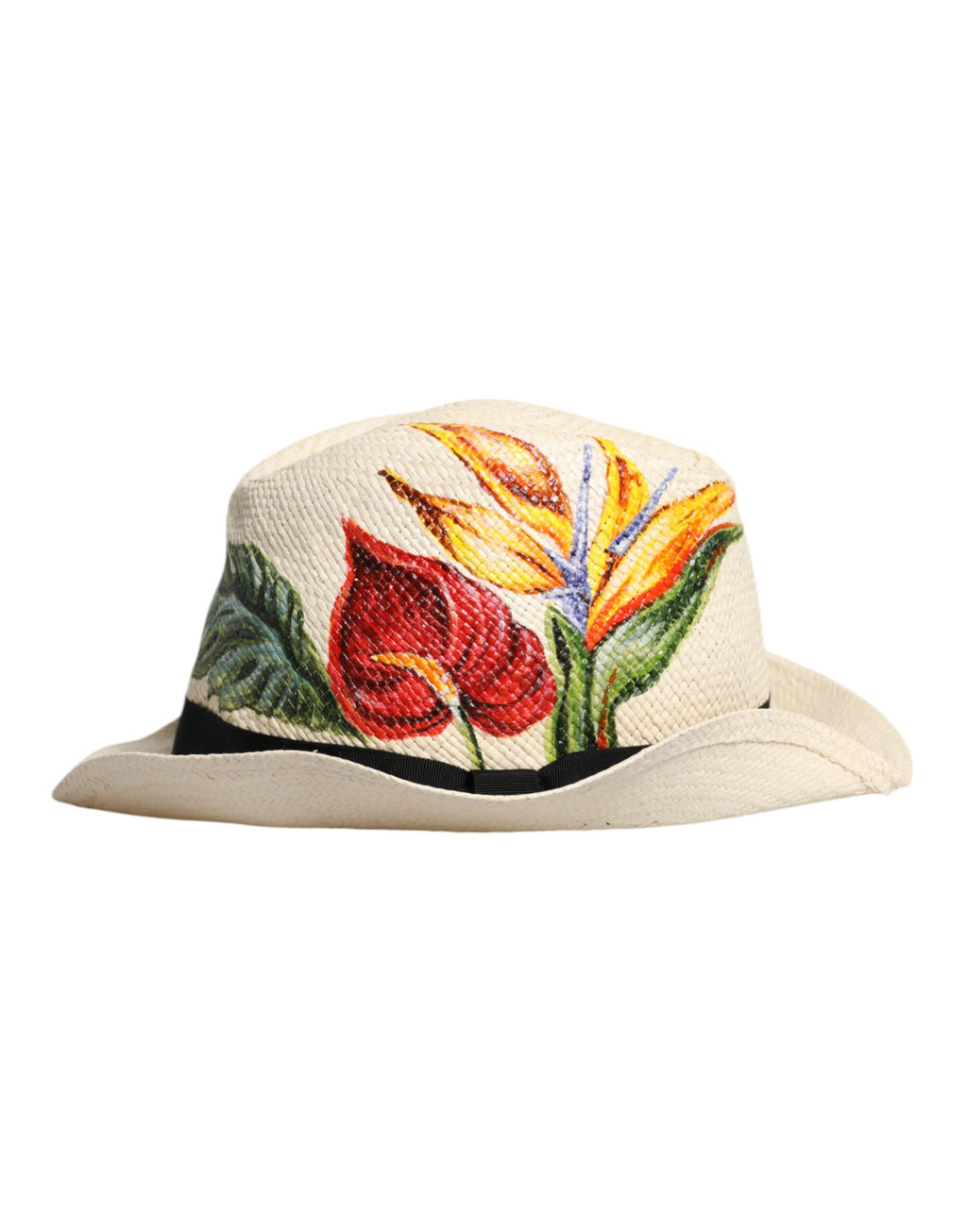 Beige Floral Print Straw Wide Brim Fedora Hat