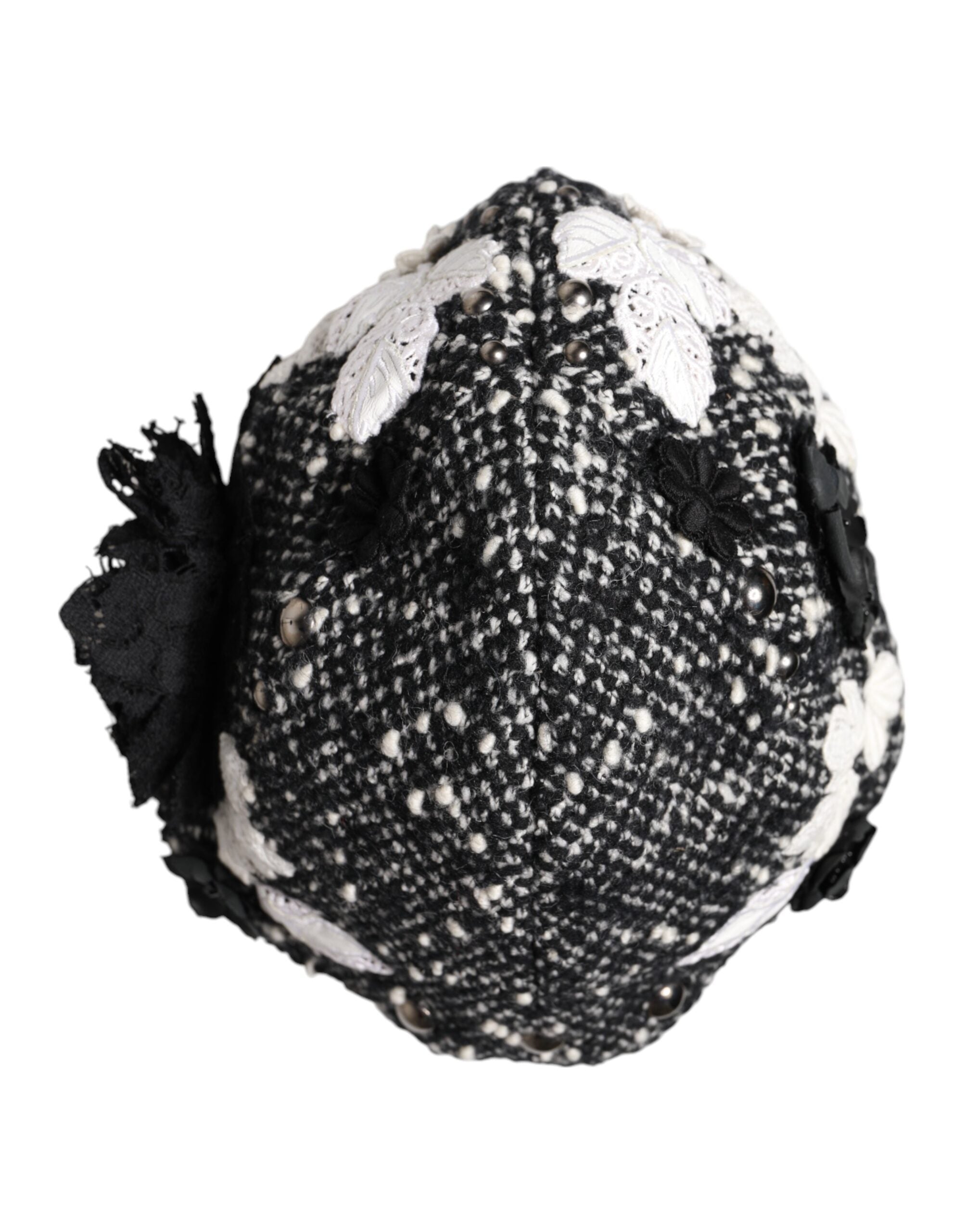 Black Wool White Floral Embellished Cloche Hat