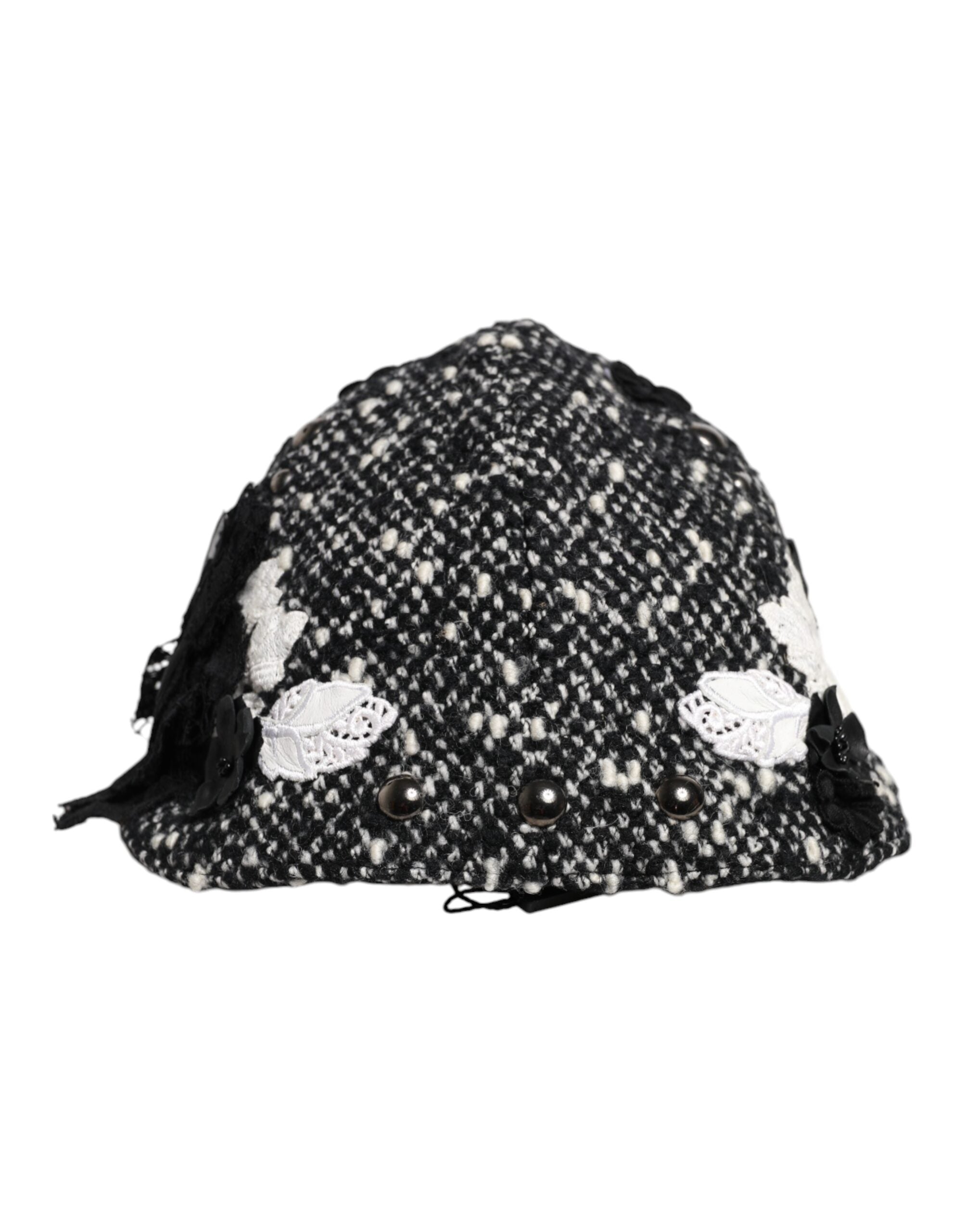 Black Wool White Floral Embellished Cloche Hat