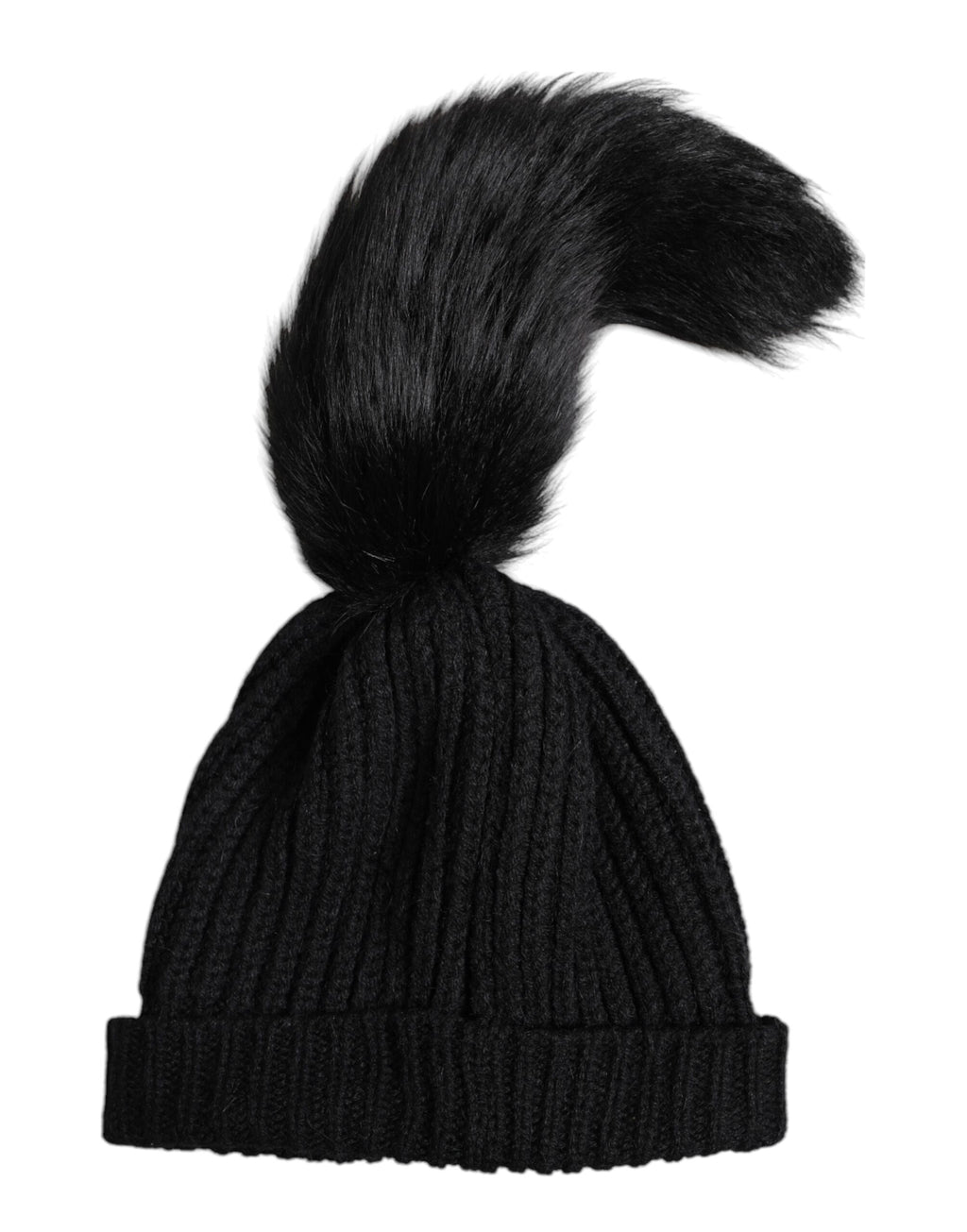 Black Acrylic Knitted Fur Winter Beanie Hat