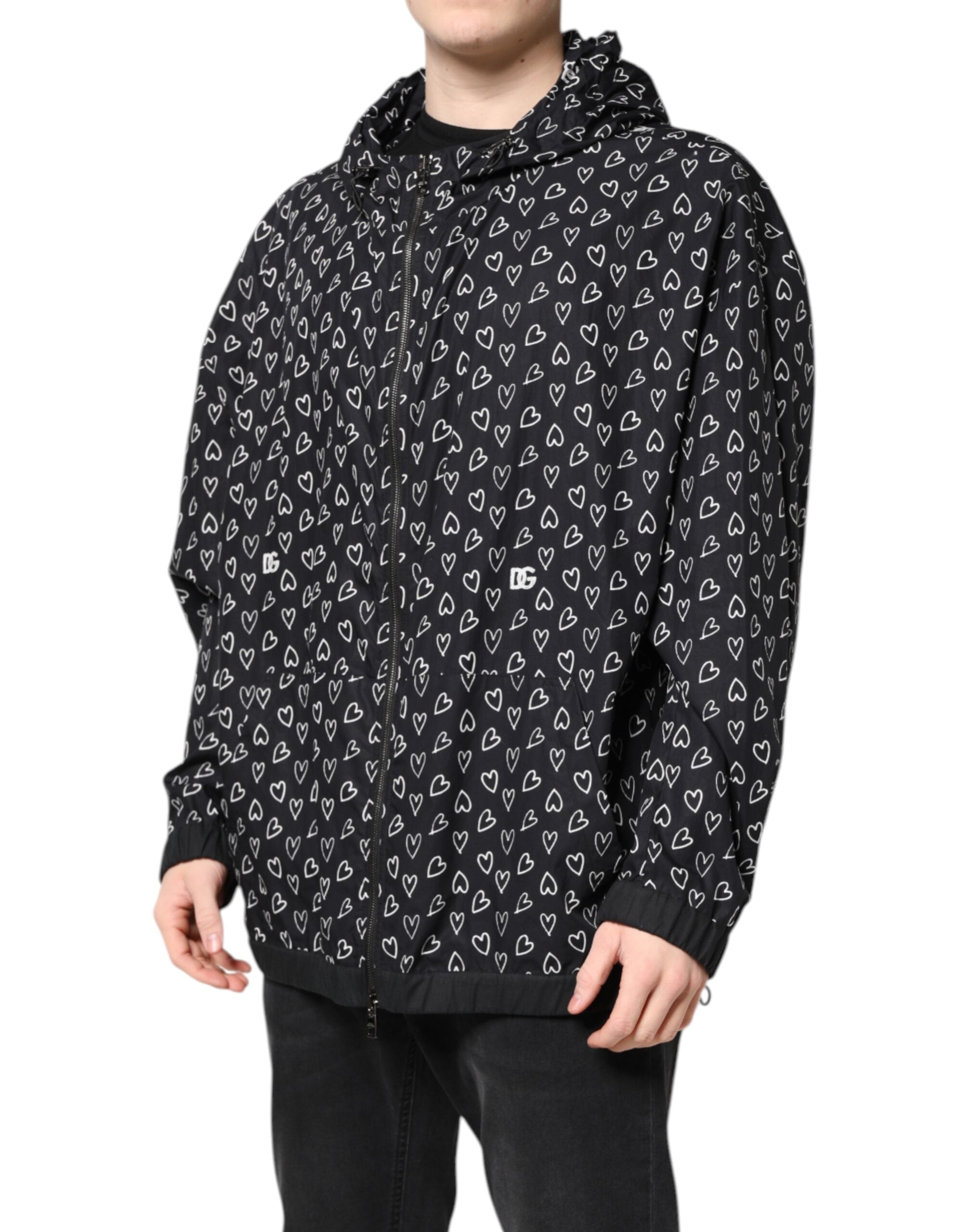 Black Heart Print Hooded Windbreaker Jacket